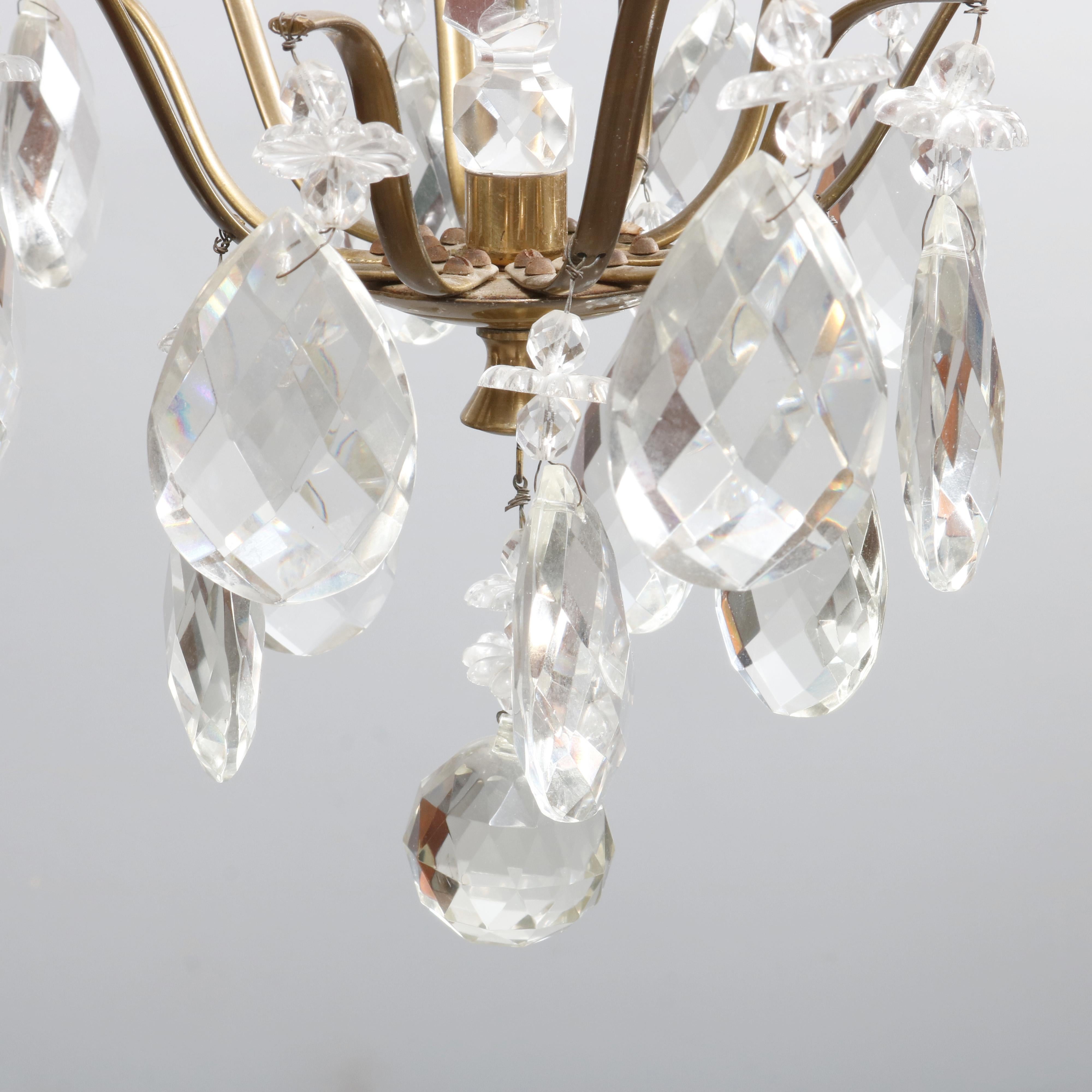 Vintage French Style Brass & Crystal Hanging Hall Light, circa 1940 3