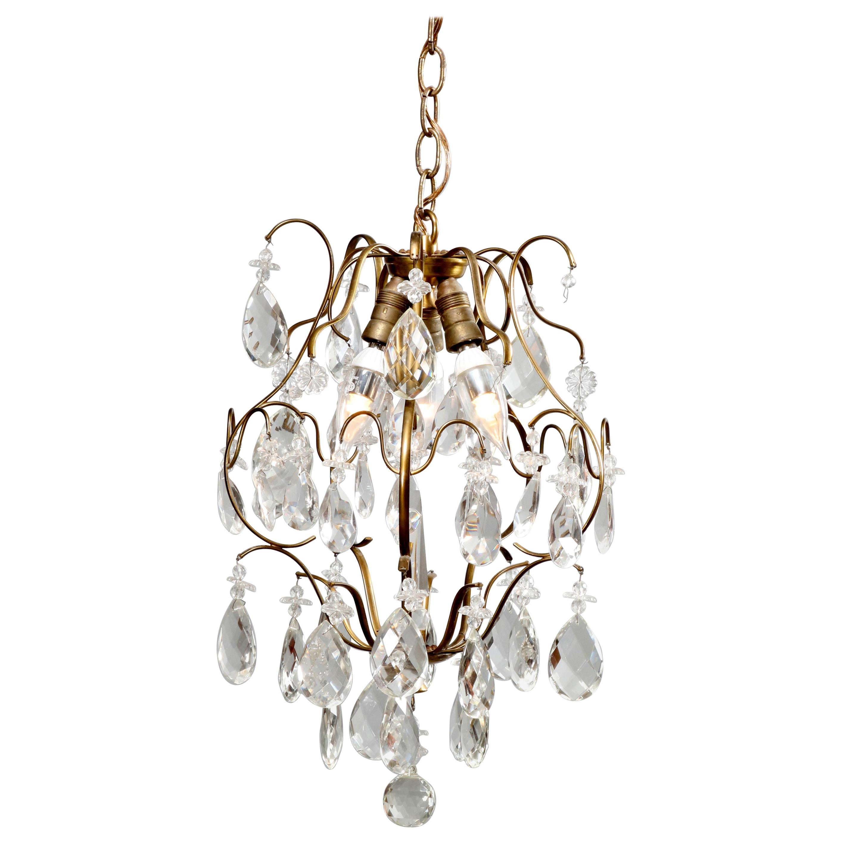 Vintage French Style Brass & Crystal Hanging Hall Light, circa 1940