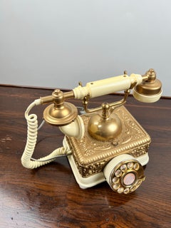 Vintage French Style Brass Rotary Telephone with Ornate Repoussé Cream Enamel Ba