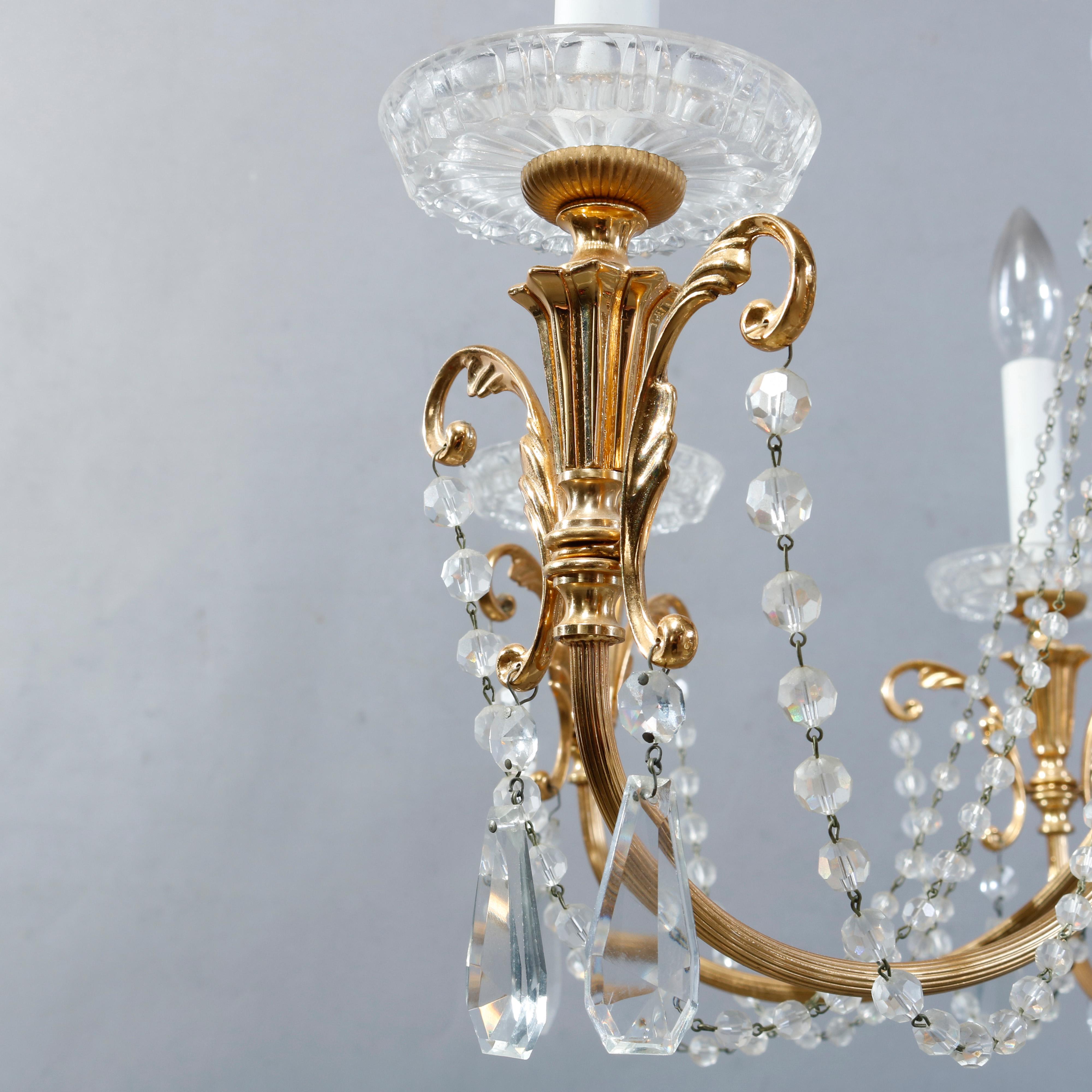 American Vintage French Style Brass & Strung Crystal Six-Light Foliate Chandelier, c1940