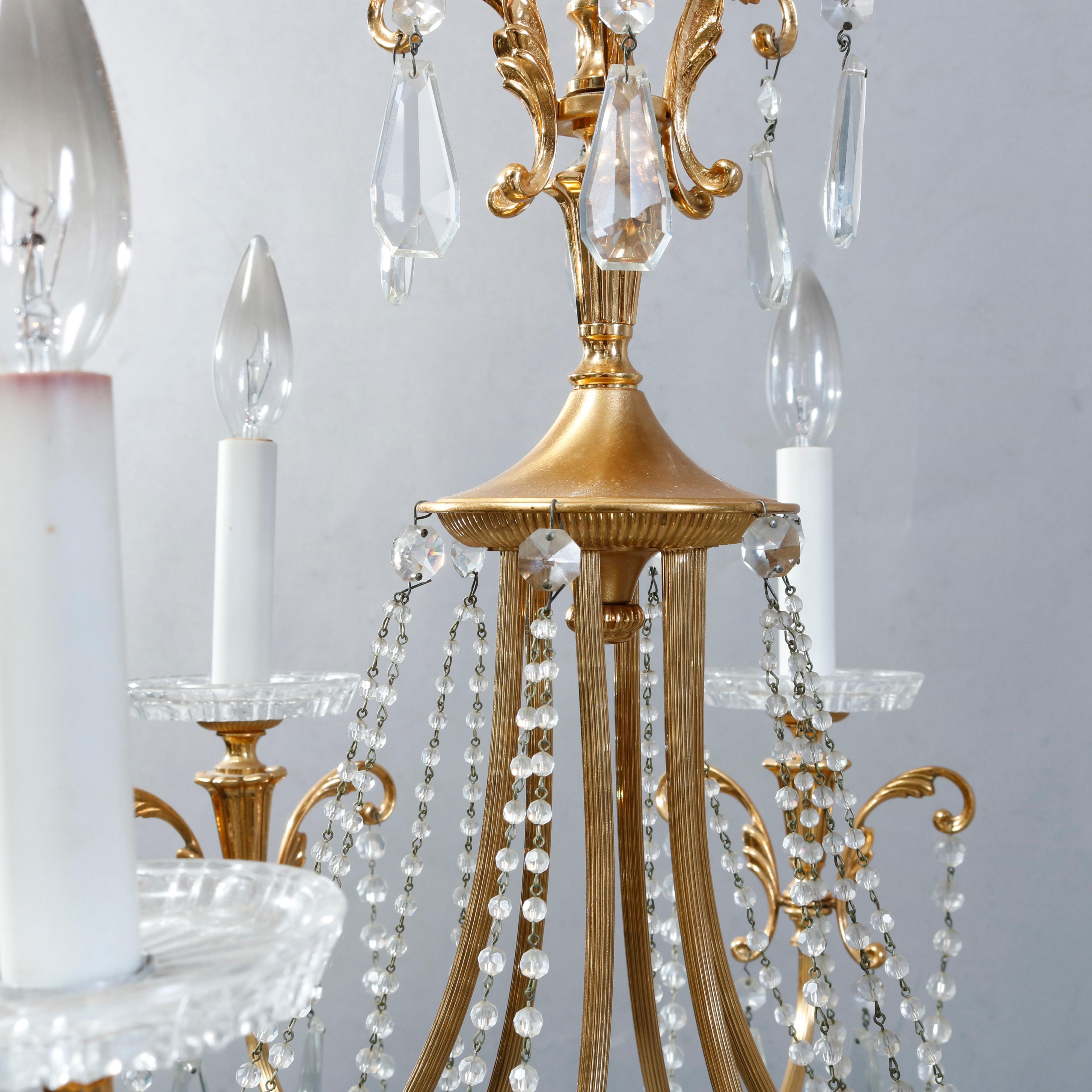 Vintage French Style Brass & Strung Crystal Six-Light Foliate Chandelier, c1940 In Good Condition In Big Flats, NY