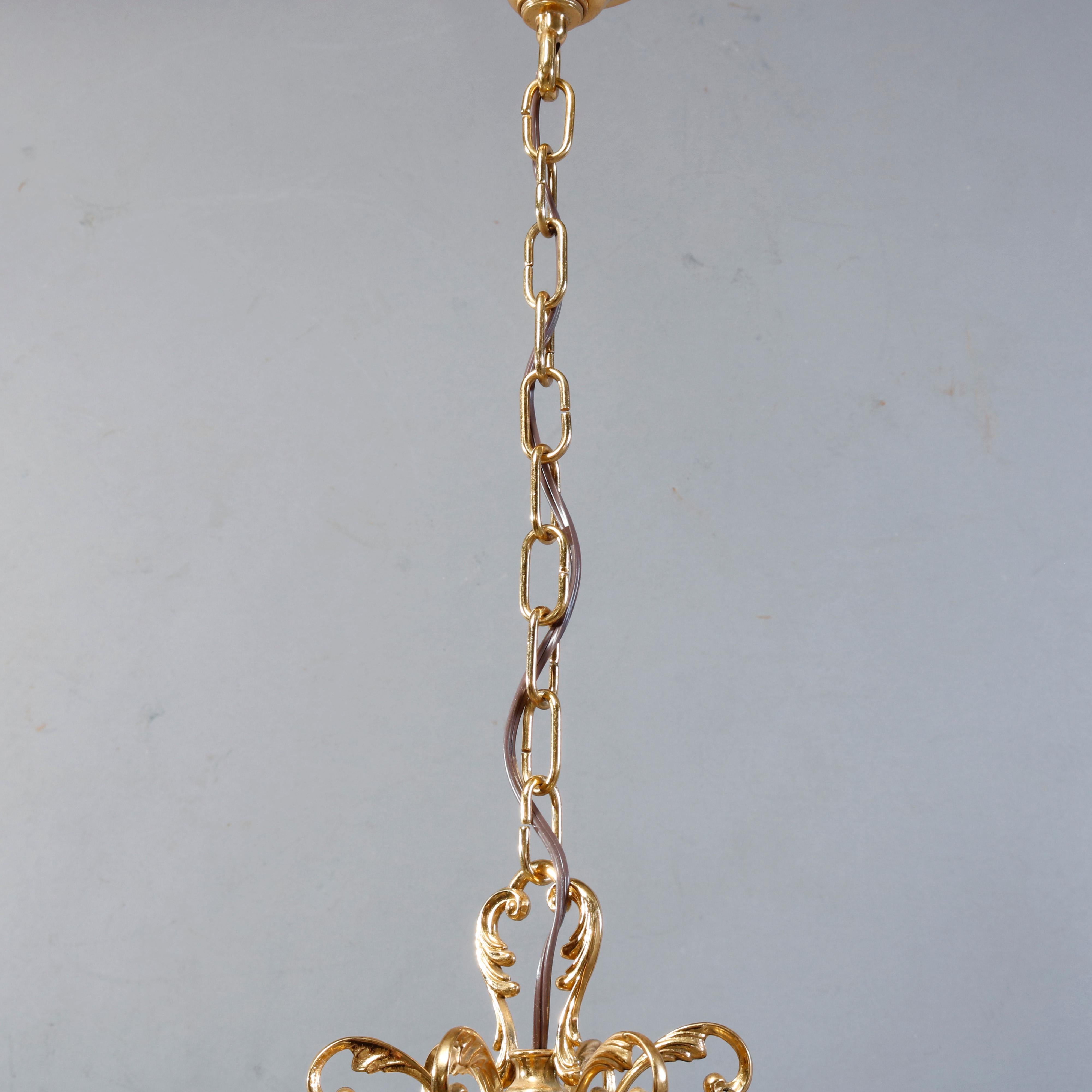 20th Century Vintage French Style Brass & Strung Crystal Six-Light Foliate Chandelier, c1940