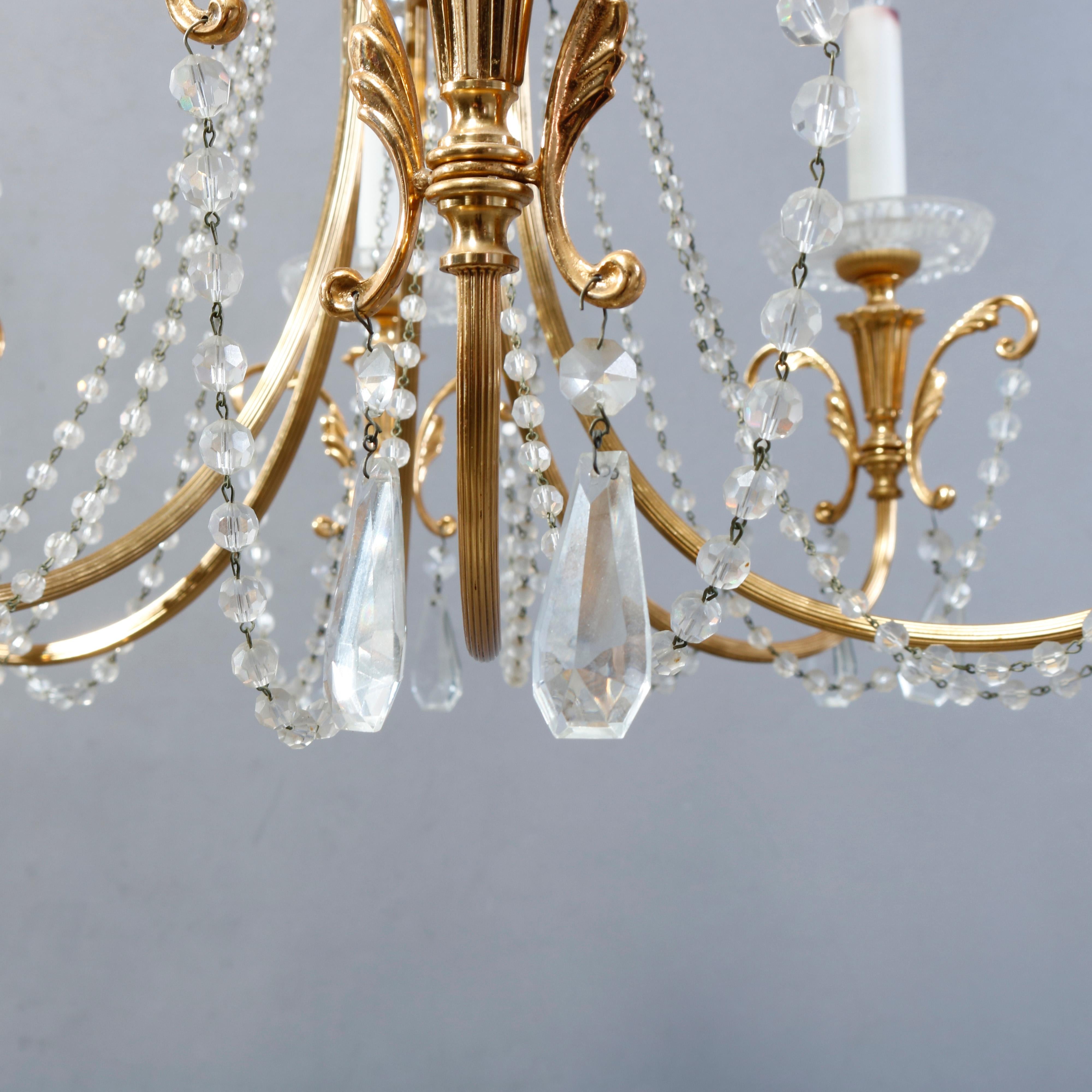 Metal Vintage French Style Brass & Strung Crystal Six-Light Foliate Chandelier, c1940