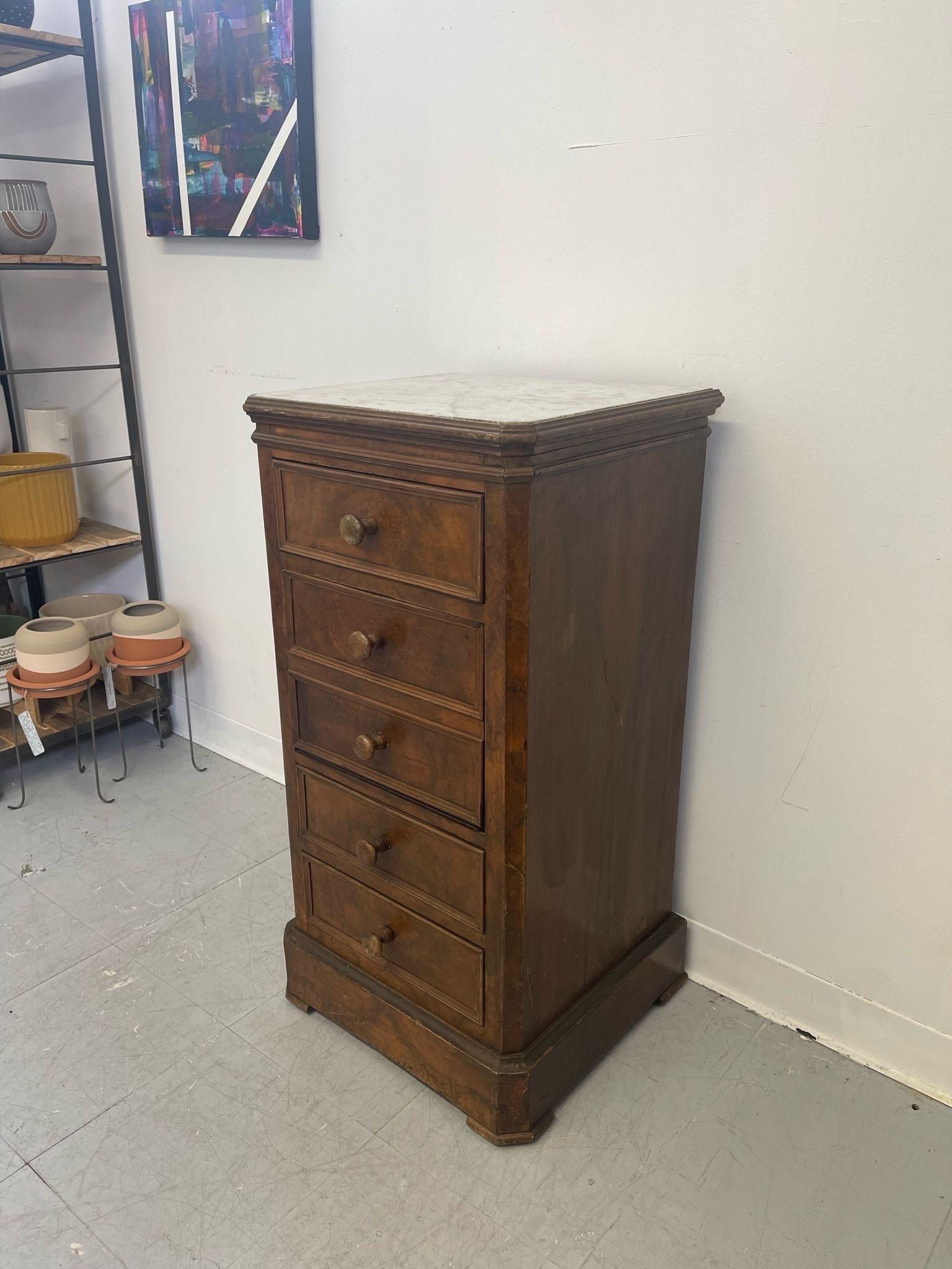 French Provincial Vintage French Style Burl Wood Cabinet Nightstand With Marble Top. For Sale