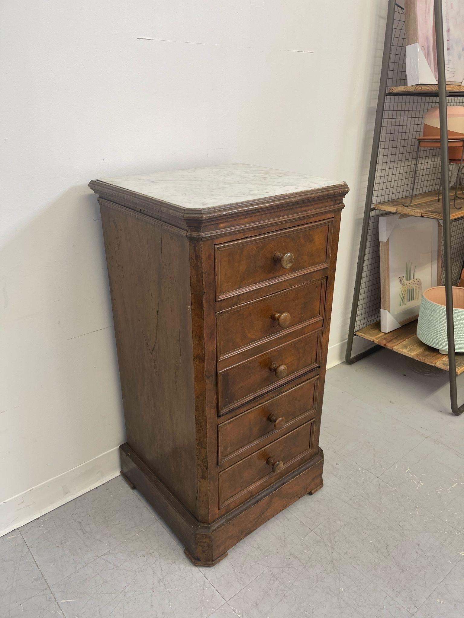 Vintage French Style Burl Wood Cabinet Nightstand With Marble Top. In Good Condition For Sale In Seattle, WA
