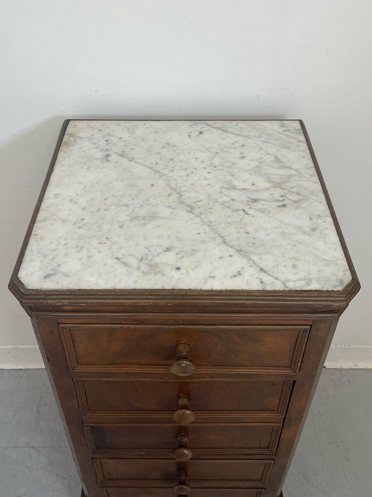 Late 20th Century Vintage French Style Burl Wood Cabinet Nightstand With Marble Top. For Sale