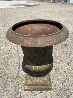 Vintage French Style Cast Iron 31"H Round Campana Urn Outdoor Garden Planter Pot