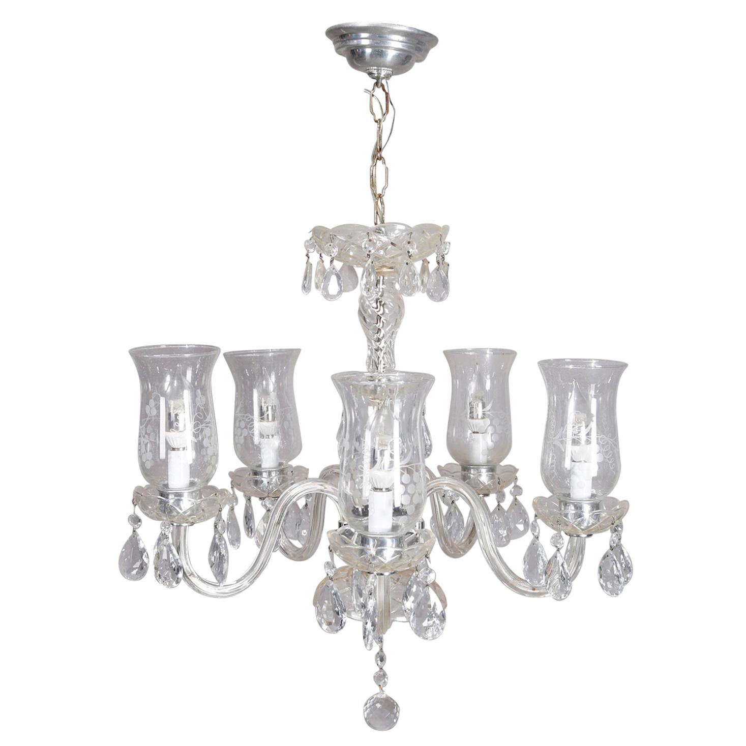 Vintage French Style Cut Crystal and Chrome 5-Arm Chandelier, circa 1950