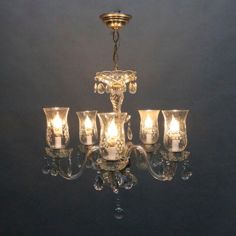 Vintage French Style Cut Crystal and Chrome 5Arm Chandelier, circa