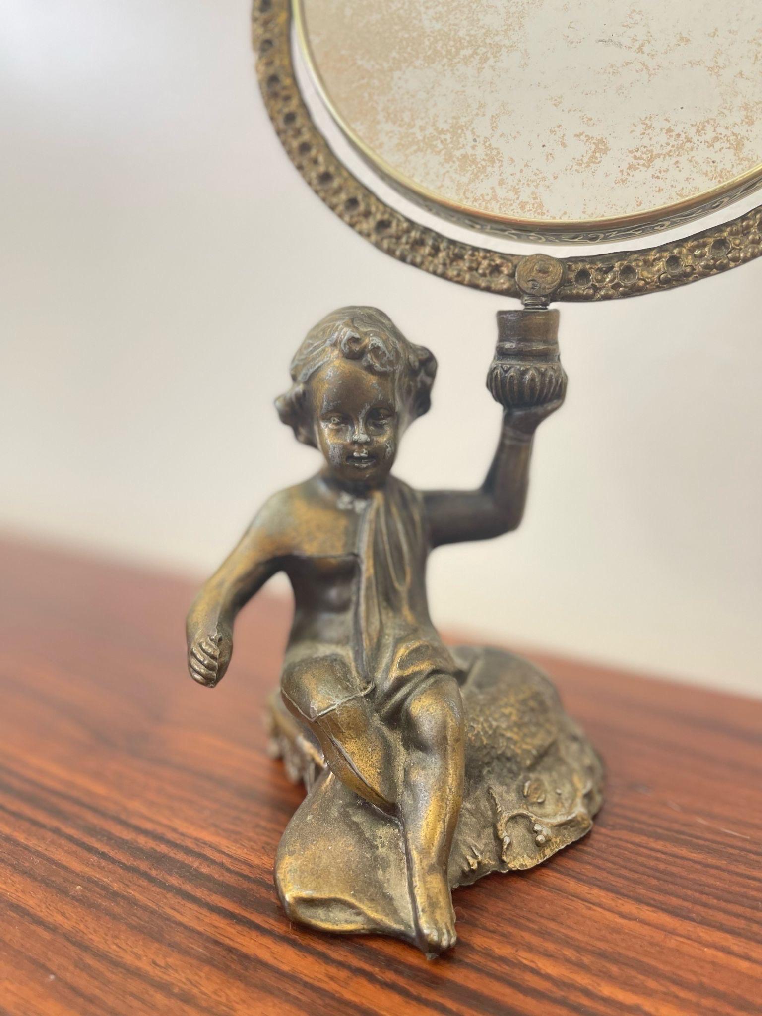Vintage French Style Double Side Vanity Mirror With Cherub Sculpture Stand. en vente 1