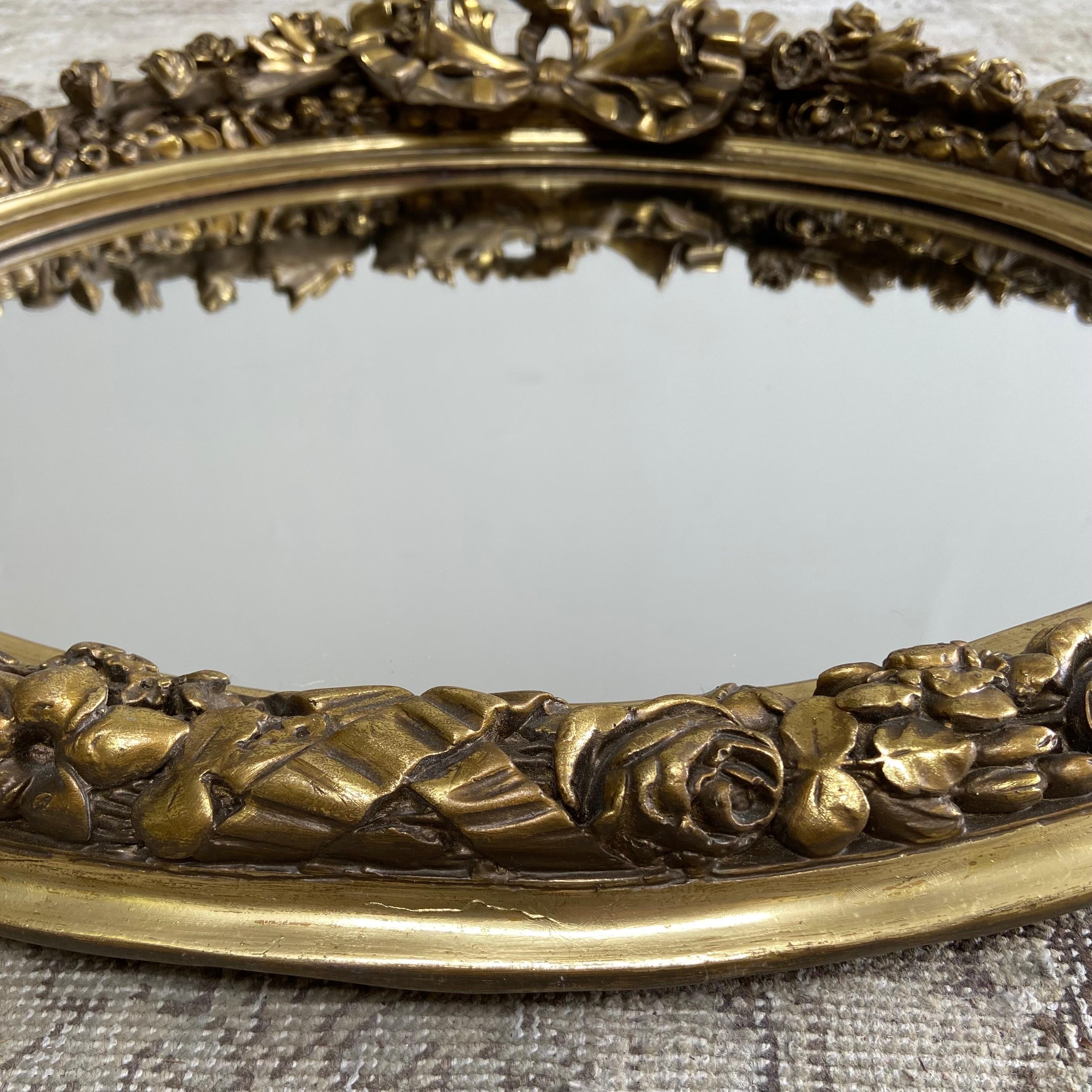 Vintage French Style Giltwood Oval Mirror with Ribbon and Roses For Sale 3