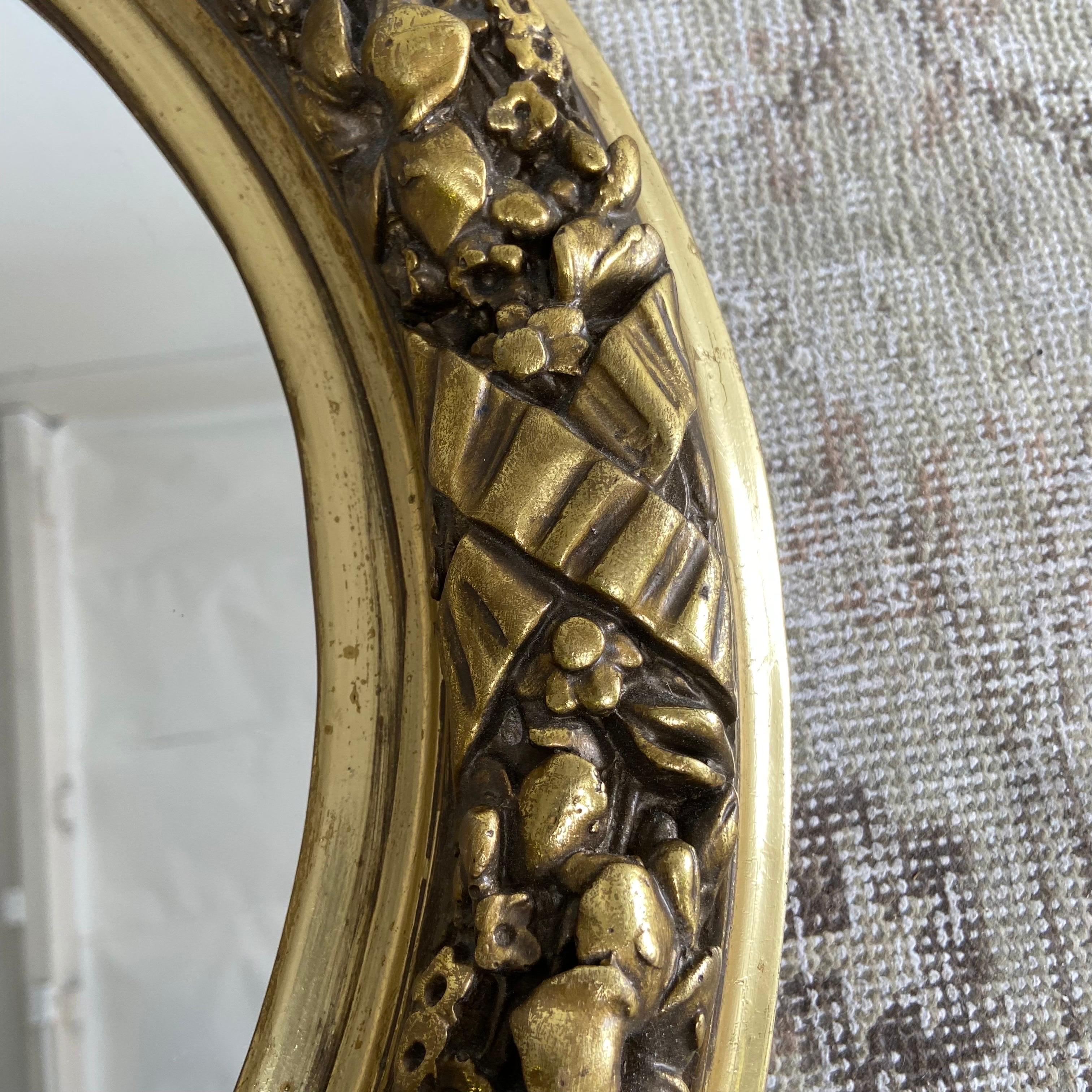 Vintage French Style Giltwood Oval Mirror with Ribbon and Roses For Sale 4