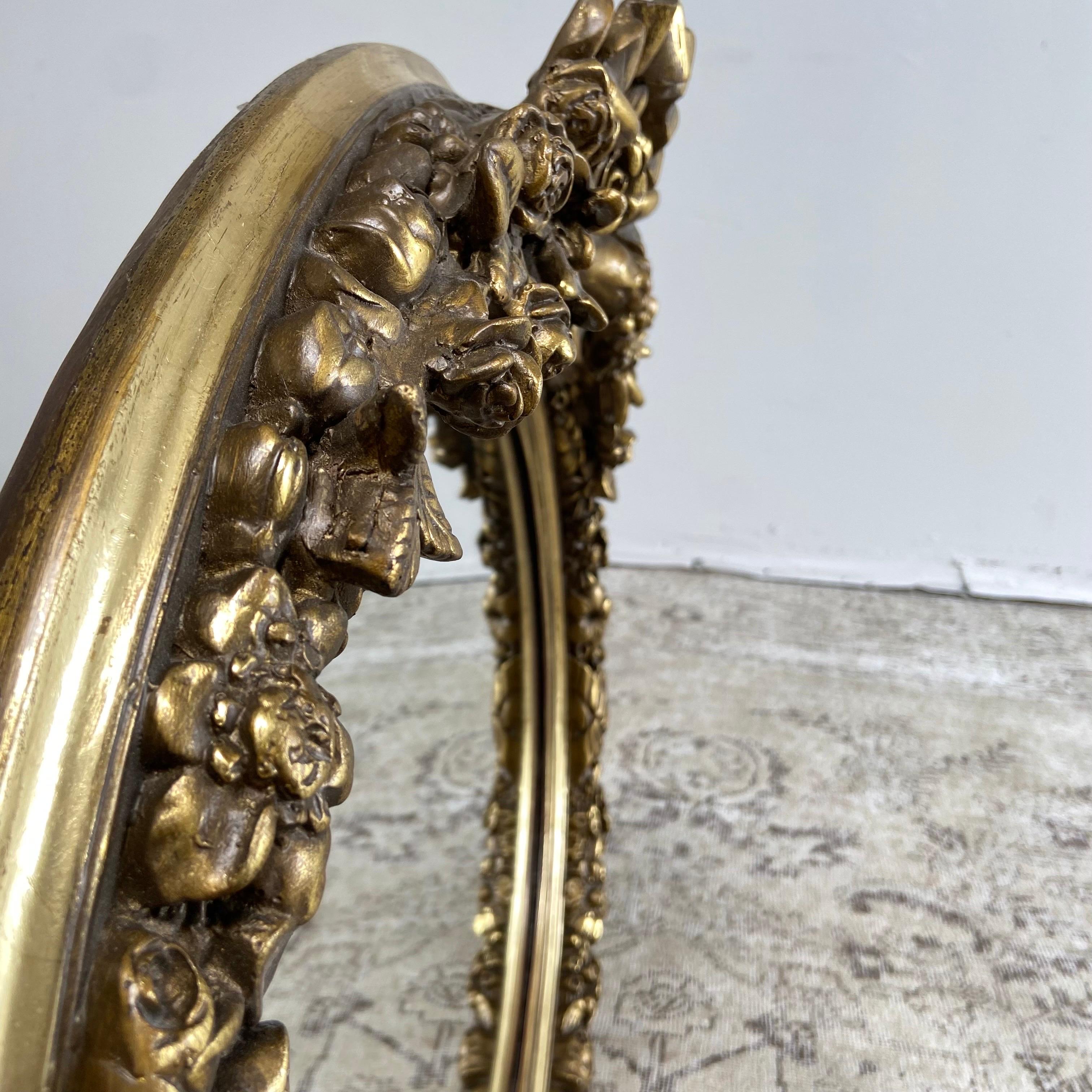 Vintage French Style Giltwood Oval Mirror with Ribbon and Roses For Sale 5