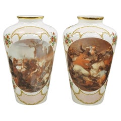 Vintage French Style Large White Blown Glass Transfer Scene Jar Vases - a Pair