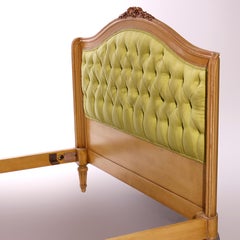 Vintage French Style Louis XVI Carved & Upholstered Tufted Full Bed Frame c1950
