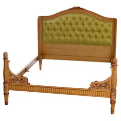Antique French Style Louis XVI Carved & Upholstered Tufted Full Bed Frame c1950