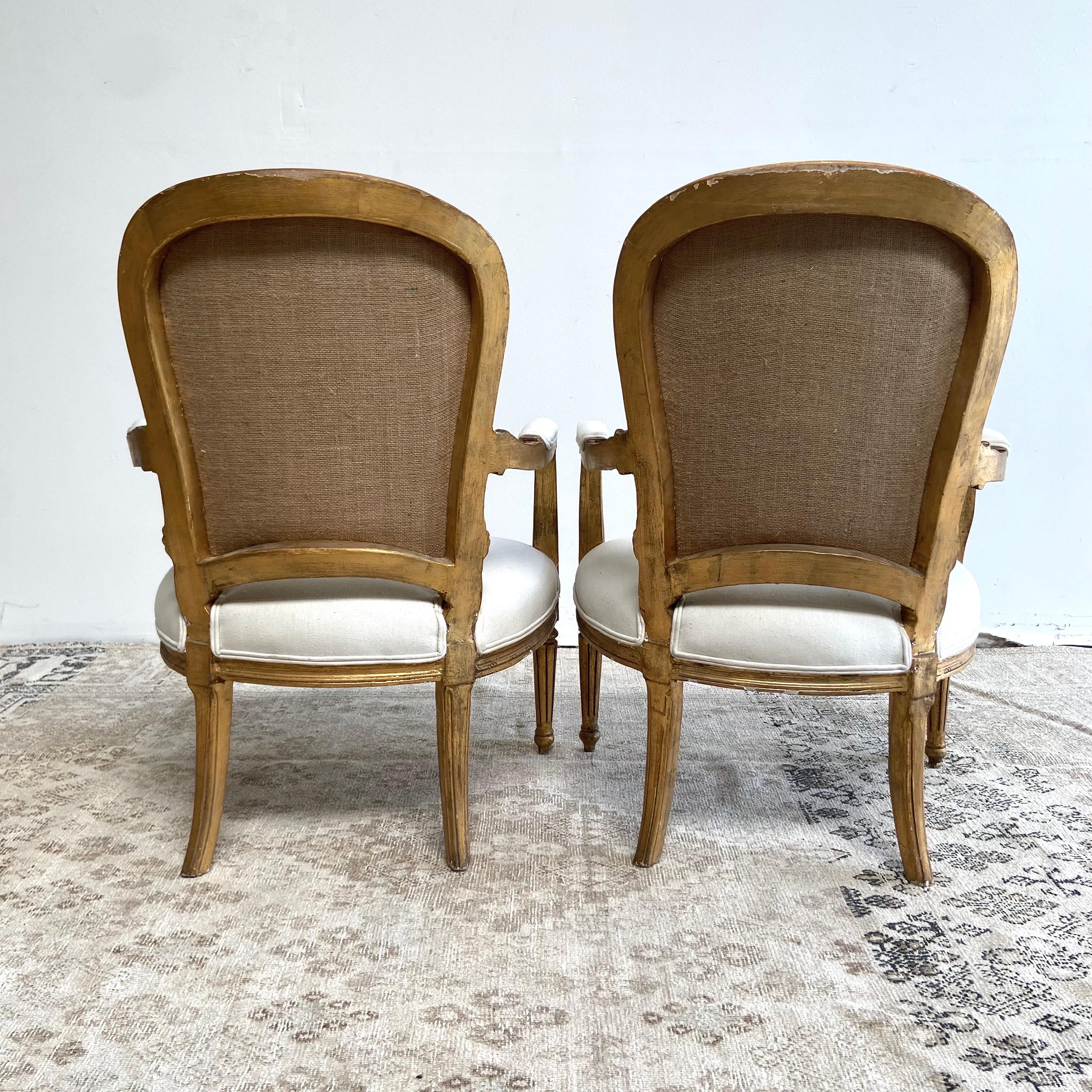 Vintage French Style Louis XVI Open Arm Chairs with Linen Upholstery For Sale 1