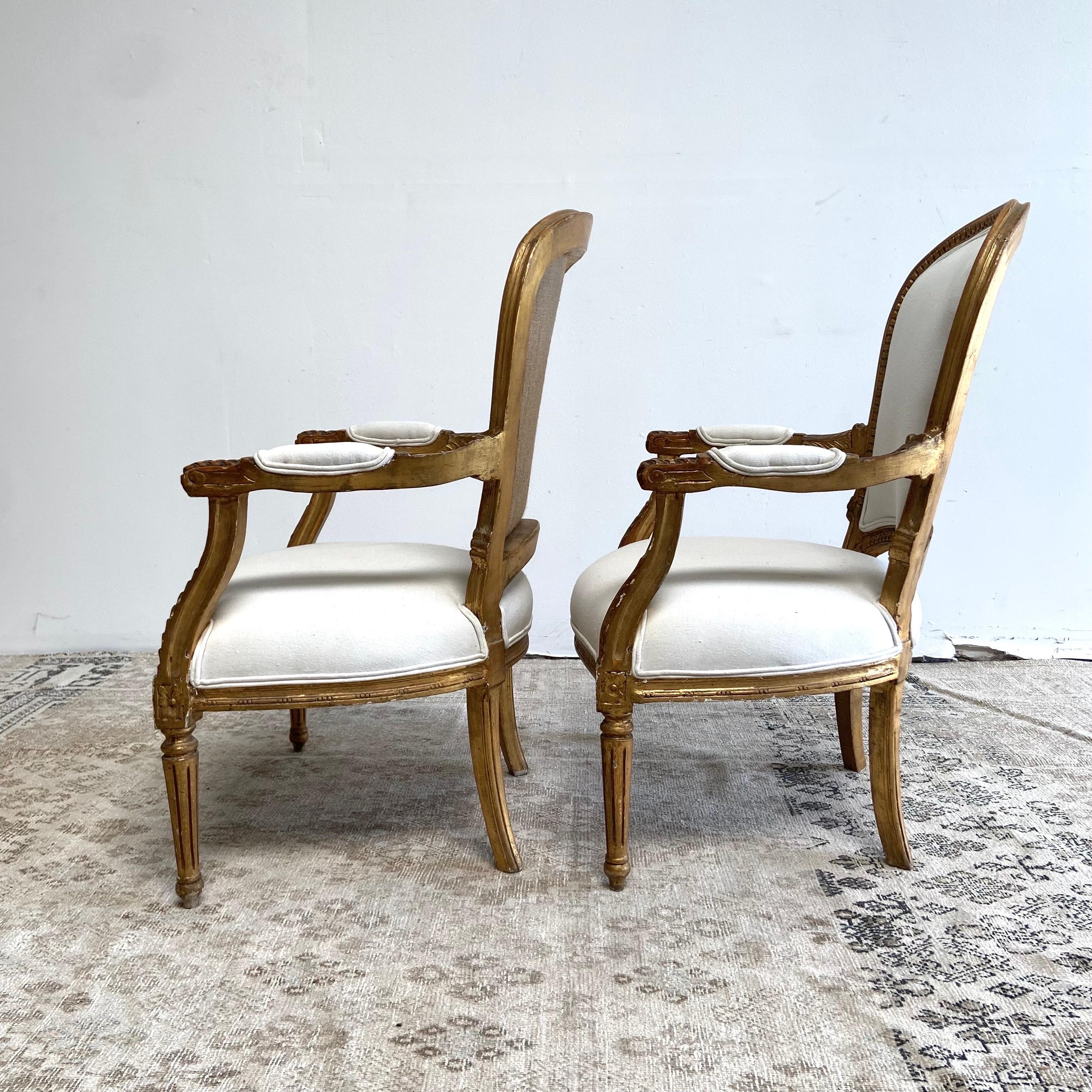 Vintage French Style Louis XVI Open Arm Chairs with Linen Upholstery For Sale 2