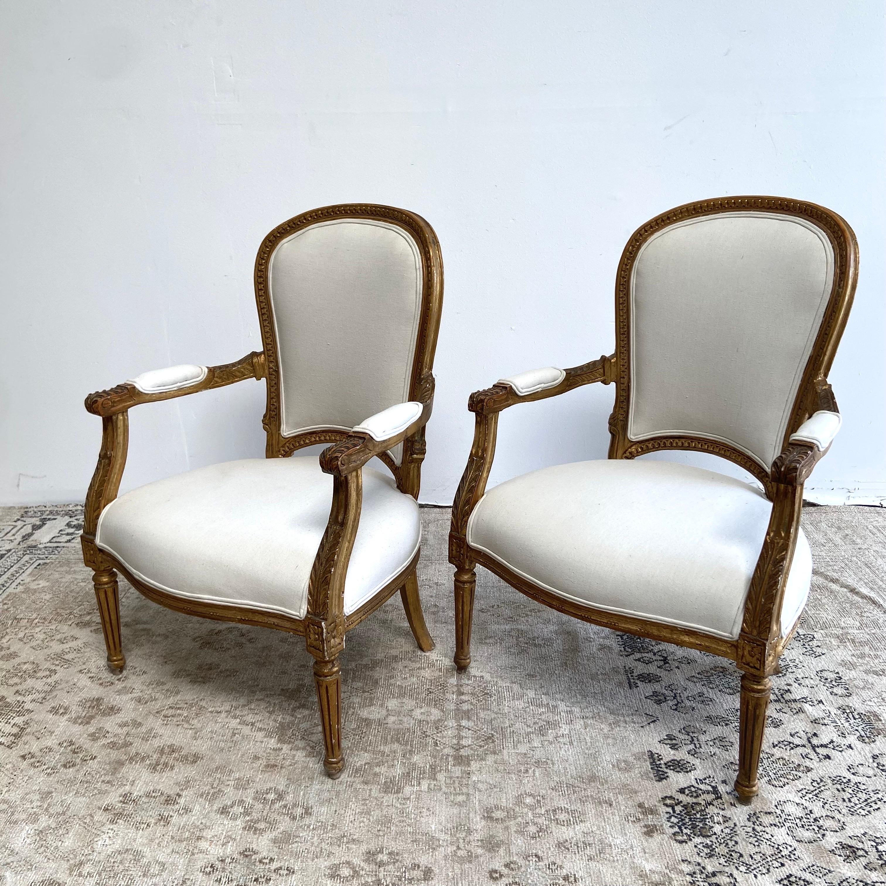 Vintage French Style Louis XVI Open Arm Chairs with Linen Upholstery For Sale 3