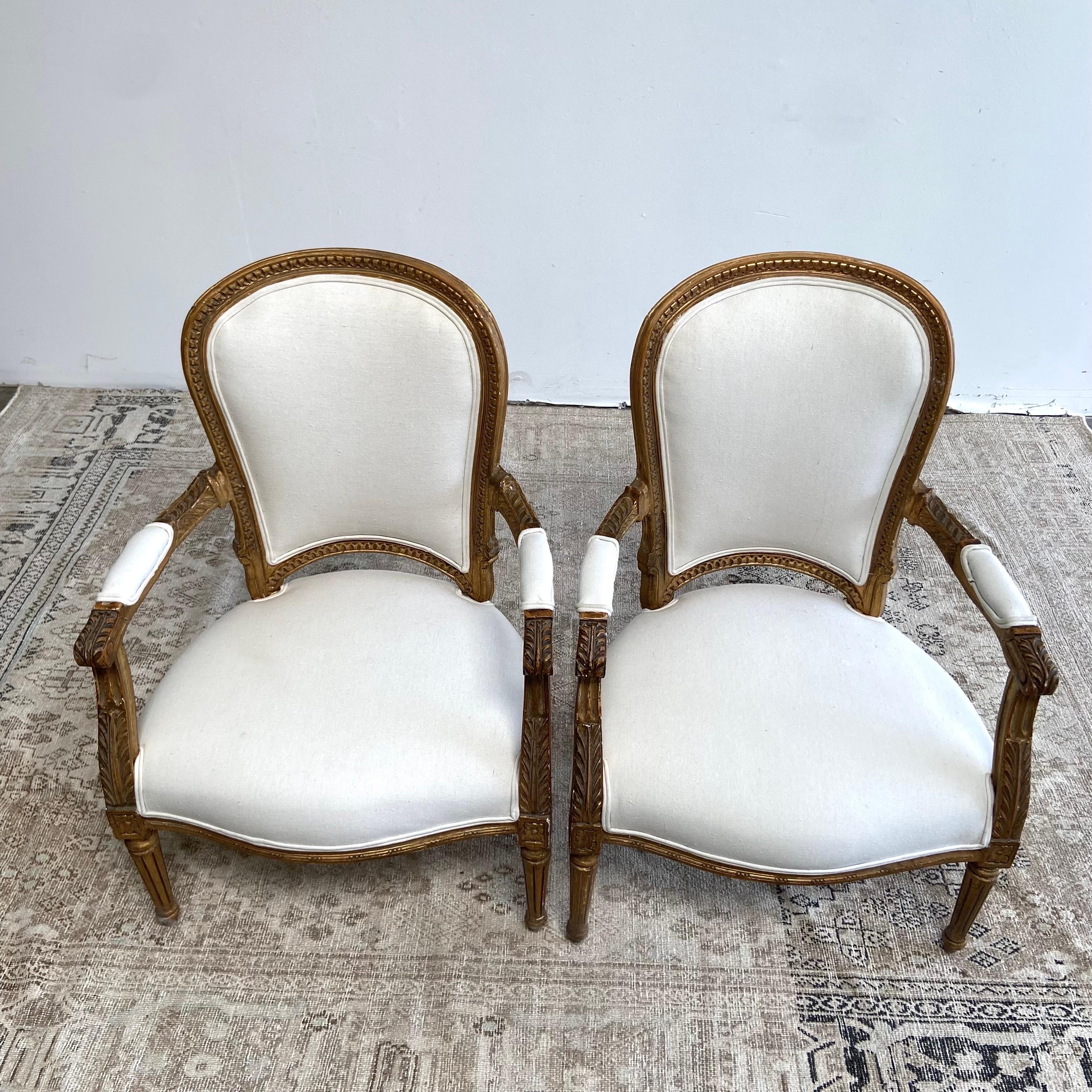 Vintage French Style Louis XVI Open Arm Chairs with Linen Upholstery For Sale 4