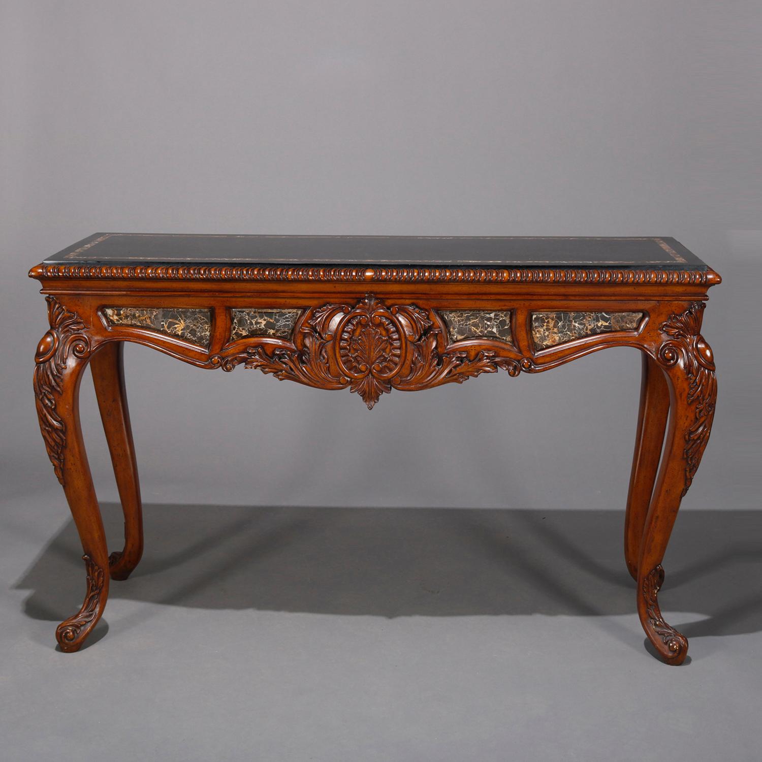 Vintage French style sofa table offers mahogany construction with faux marble top with gadrooned edge surmounting base with acanthus carved skirt with faux marble reserves, raised on cabriole legs having foliate caved knees and scroll feet, 20th