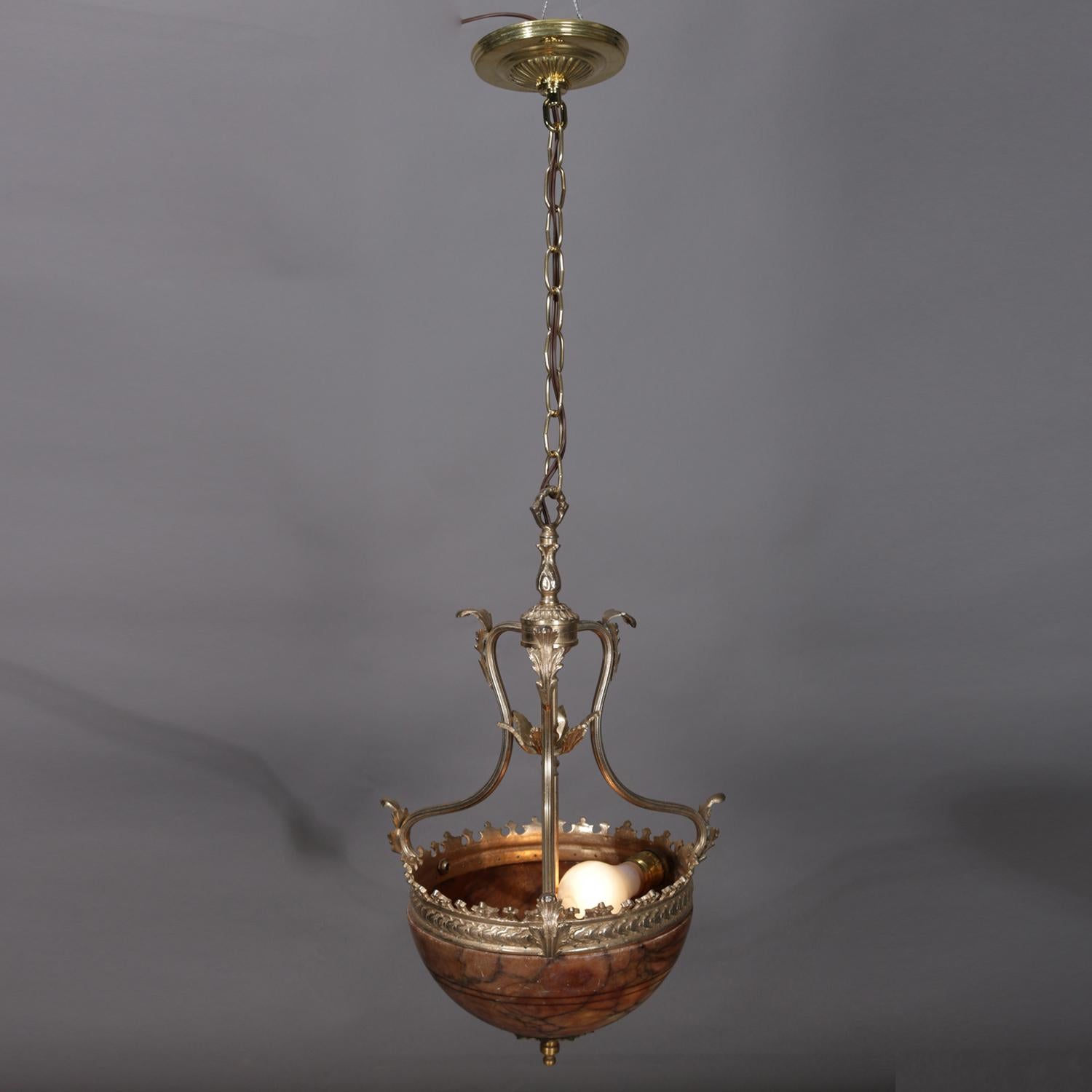 Louis XIV Vintage French Style Marble and Gilt Bronze Pendant Bowl Light, circa 1930