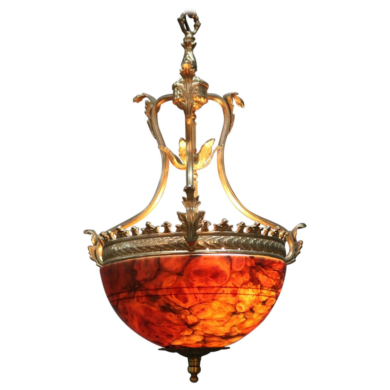 Vintage French Style Marble and Gilt Bronze Pendant Bowl Light, circa 1930