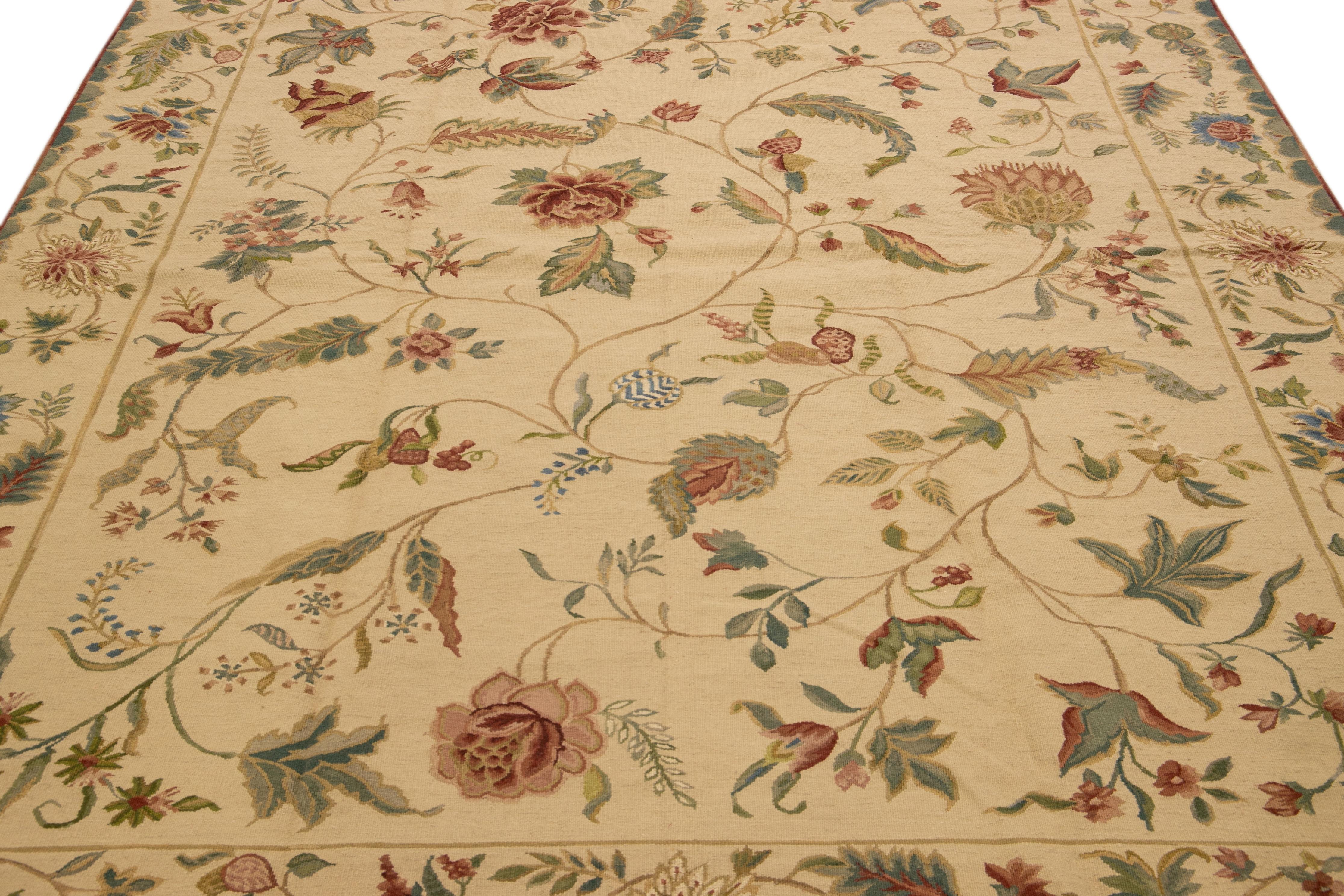 French Provincial Vintage French Style Needlepoint Floral Beige Wool Rug