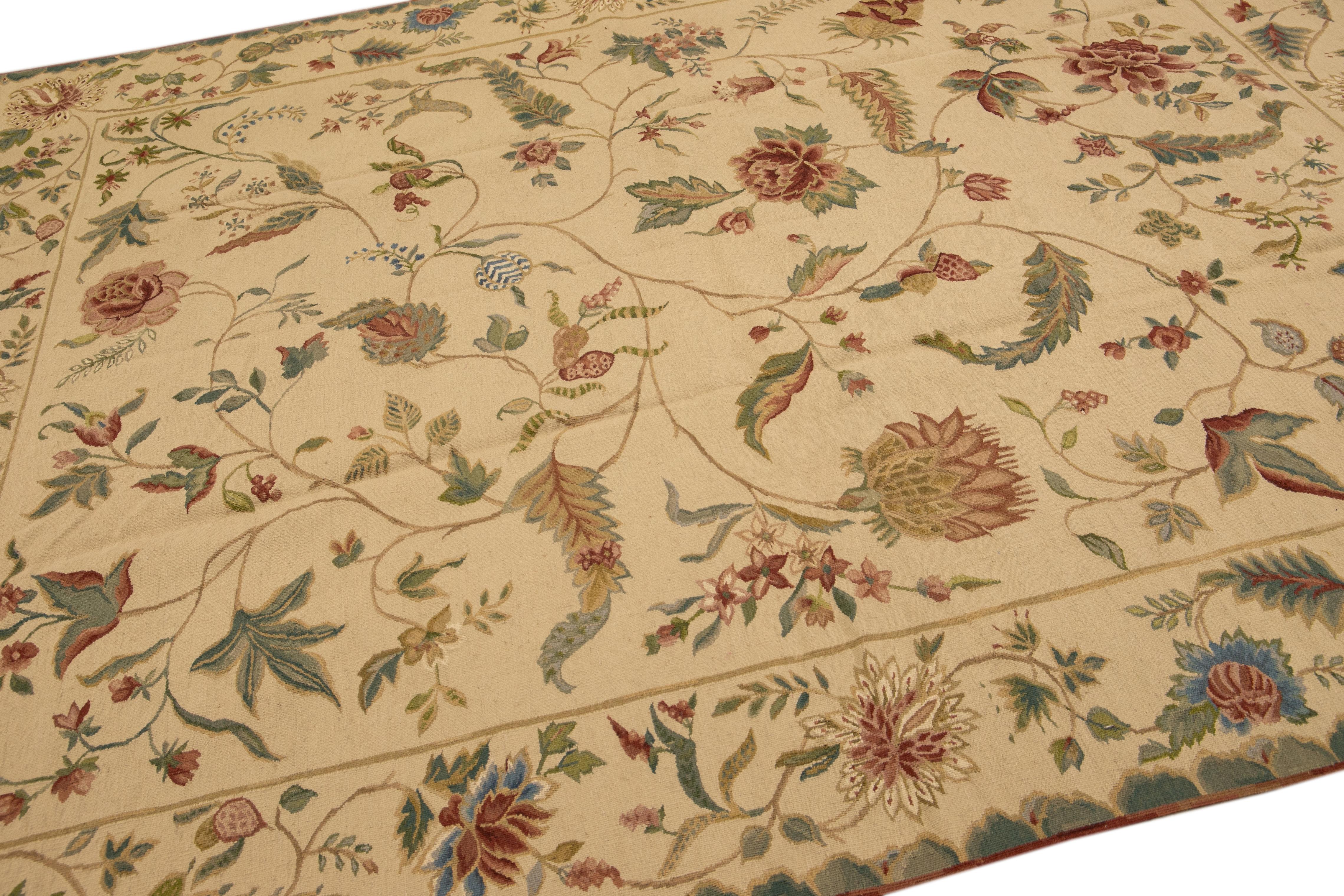 Vintage French Style Needlepoint Floral Beige Wool Rug In New Condition In Norwalk, CT