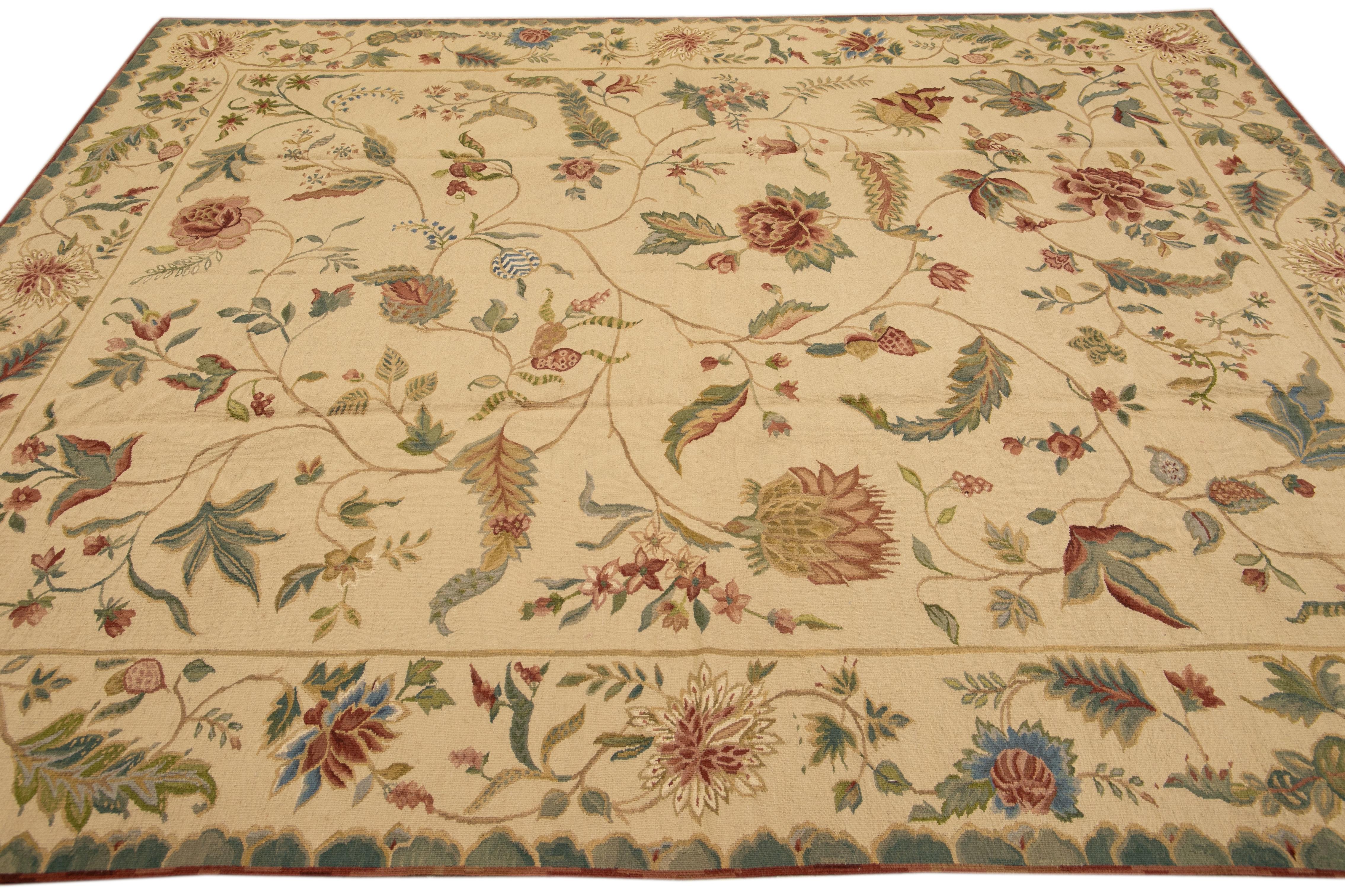 Contemporary Vintage French Style Needlepoint Floral Beige Wool Rug