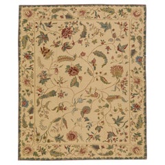 Vintage French Style Needlepoint Floral Beige Wool Rug