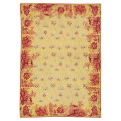Vintage French Style Needlepoint Yellow Wool Rug with Chinoiserie Toile Border