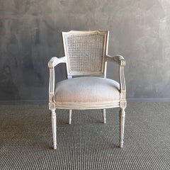 Vintage French Style Painted Cane and Upholstered Arm Chair