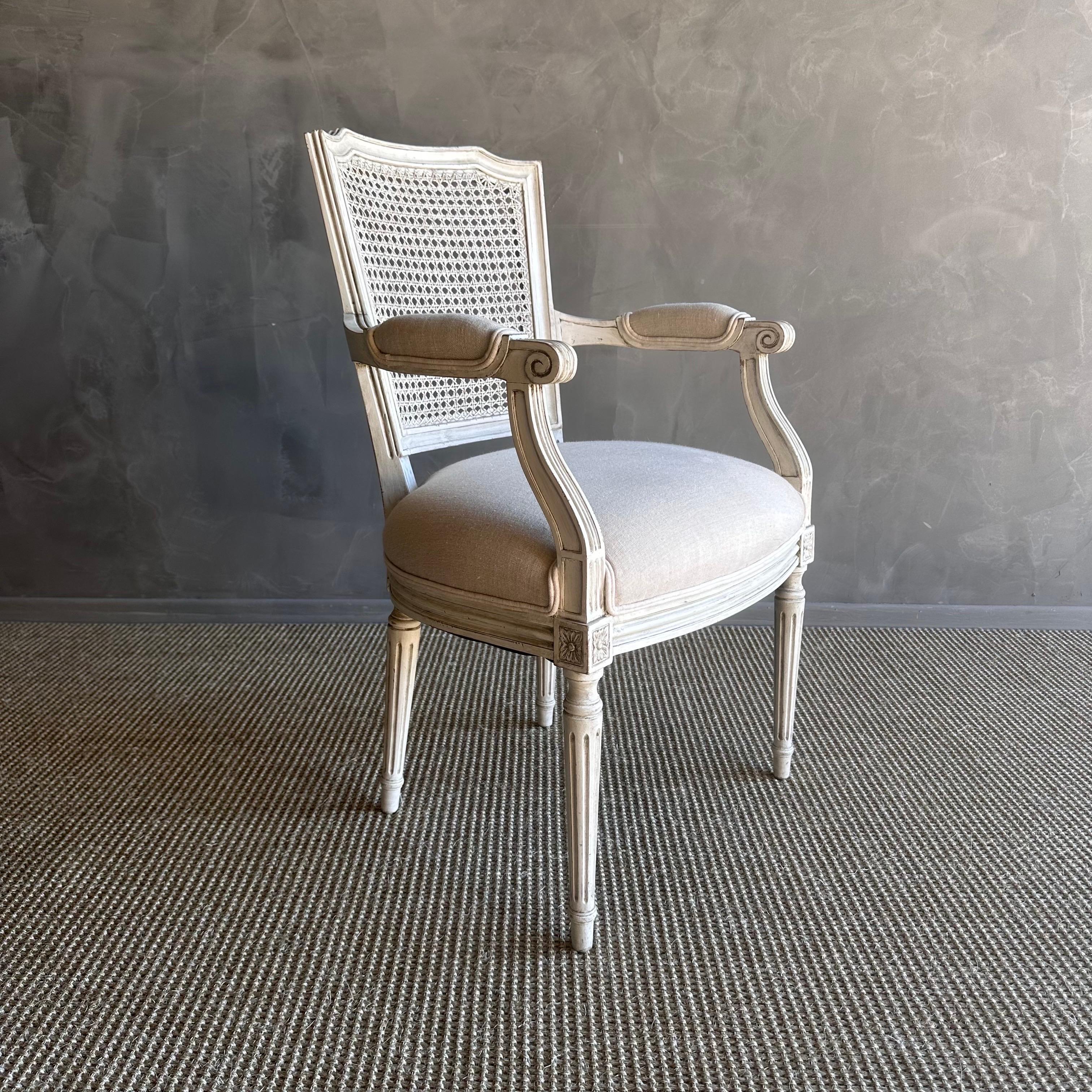 Louis XVI Vintage French Style Painted Cane and Upholstered Arm Chair