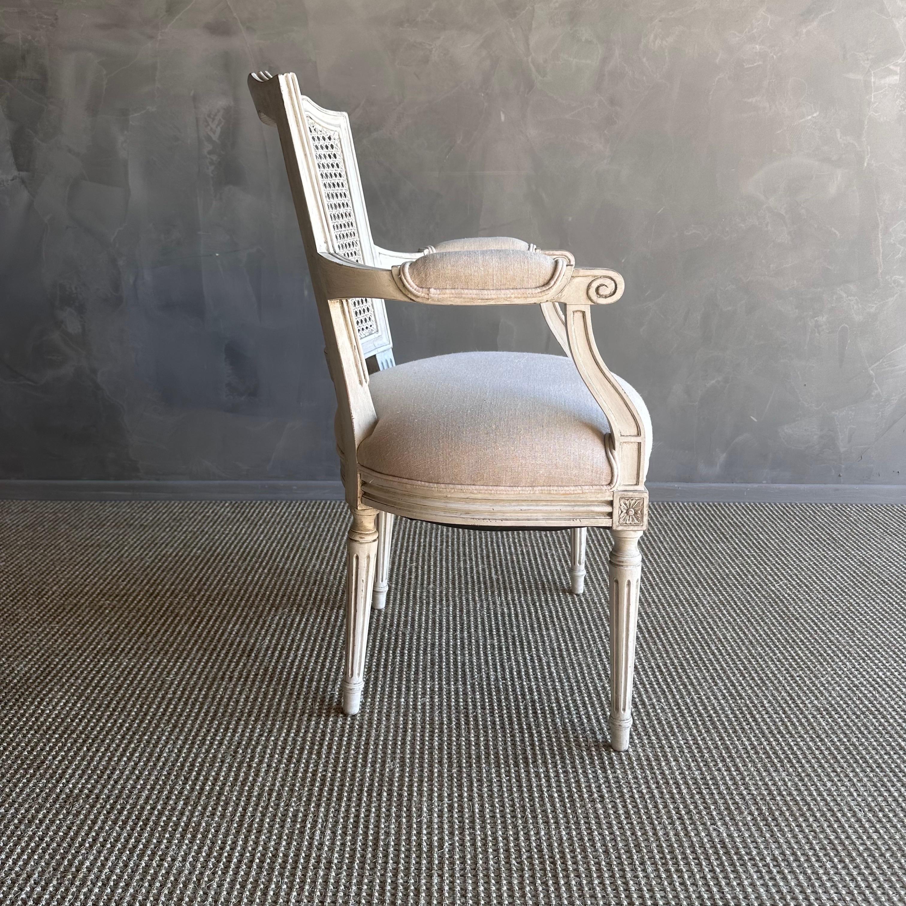 Vintage French Style Painted Cane and Upholstered Arm Chair In Good Condition In Old Town Orange, CA