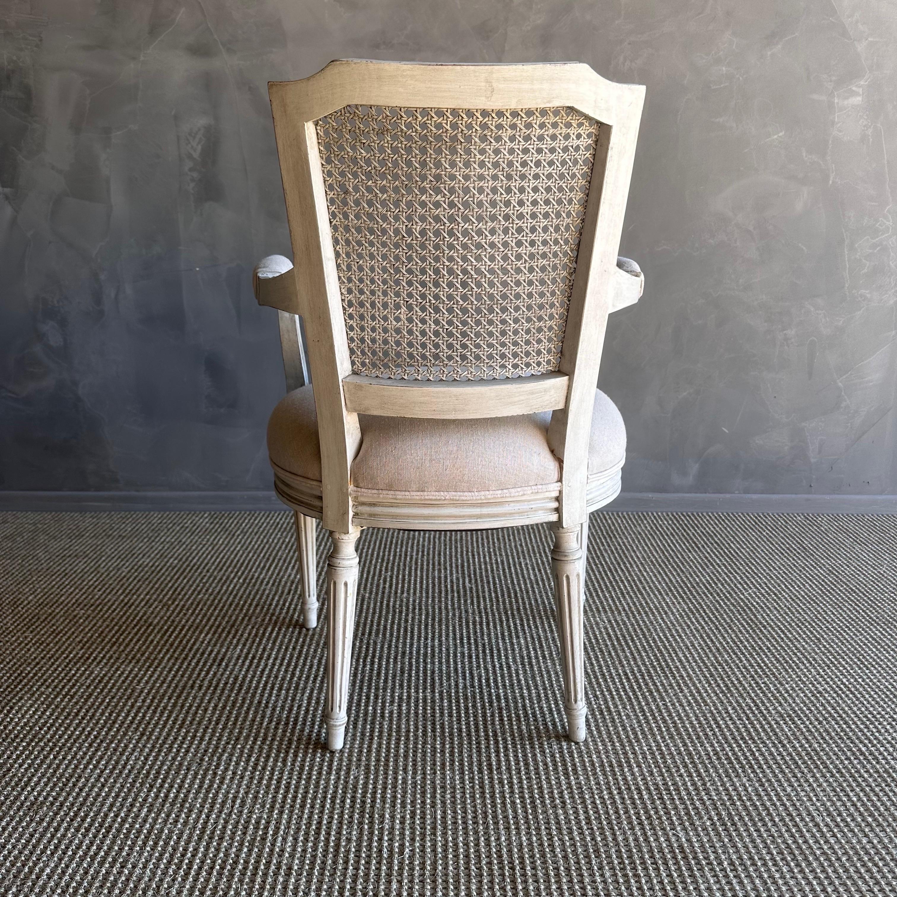 20th Century Vintage French Style Painted Cane and Upholstered Arm Chair