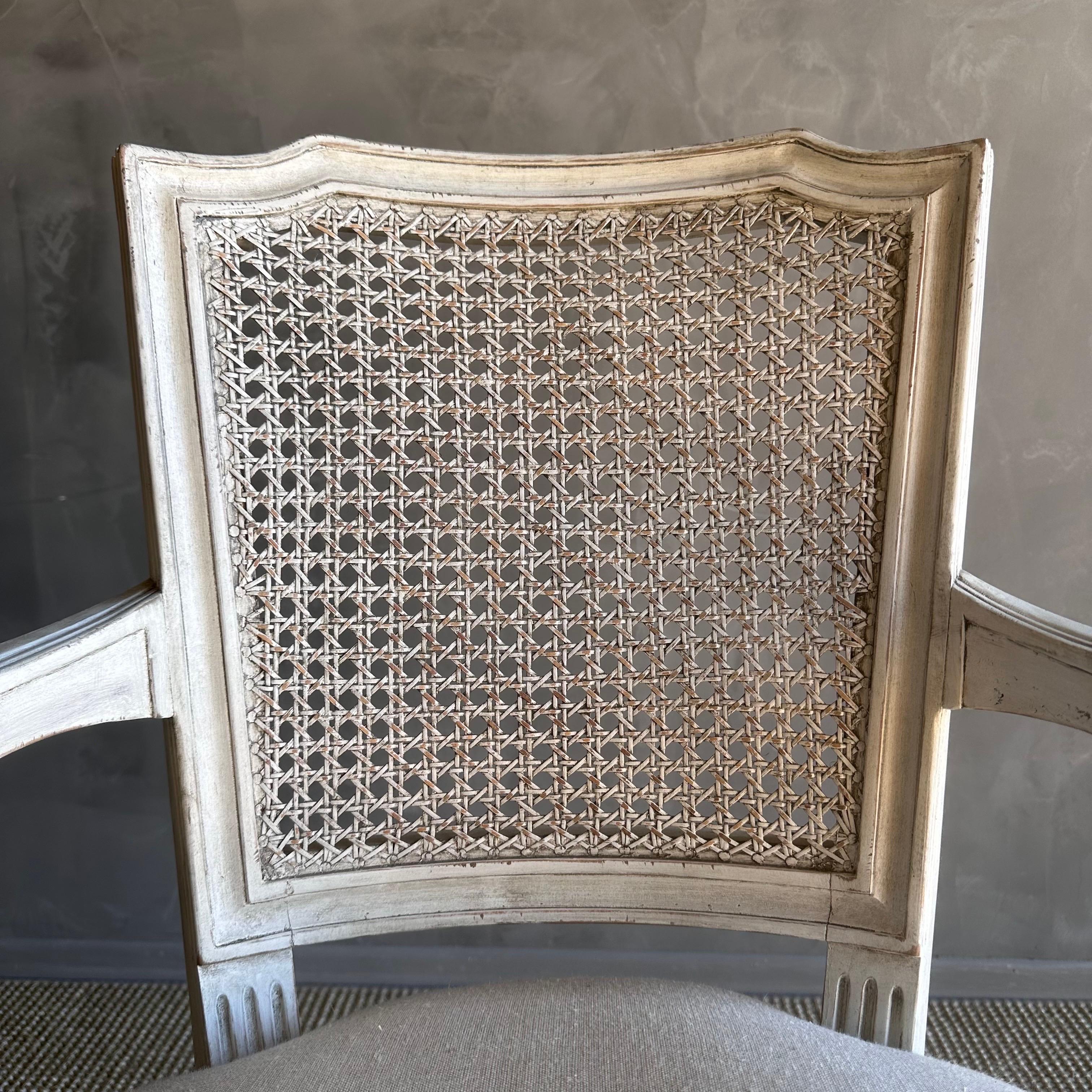 Vintage French Style Painted Cane and Upholstered Arm Chair 4