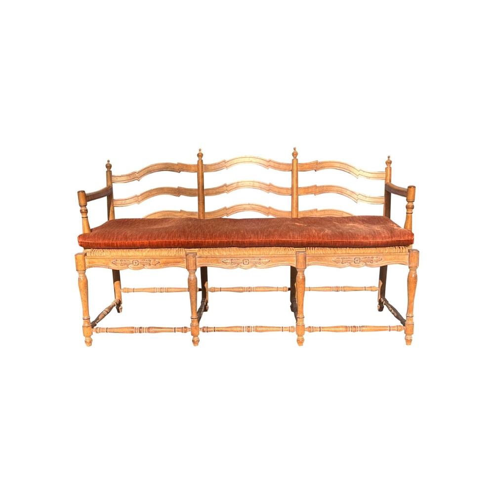 Vintage French Style Pine Bench Settee With Rope Rattan Has Cushion in vendita 4