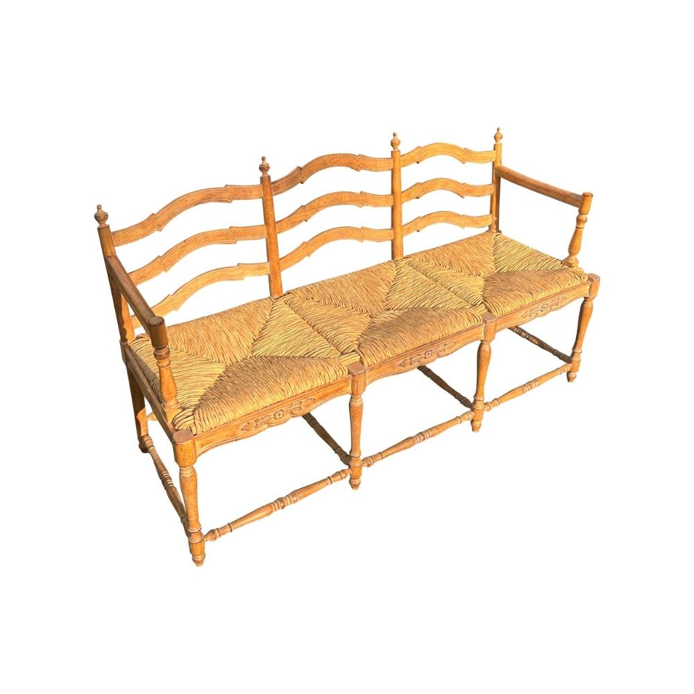 Vintage French Style Pine Bench Settee Rattan Cushion 3-Seater Farmhouse Brown

French-style pine bench settee with rope rattan is a beautiful piece that embodies the charm of French country farmhouse design. Crafted in the 1980s in the United