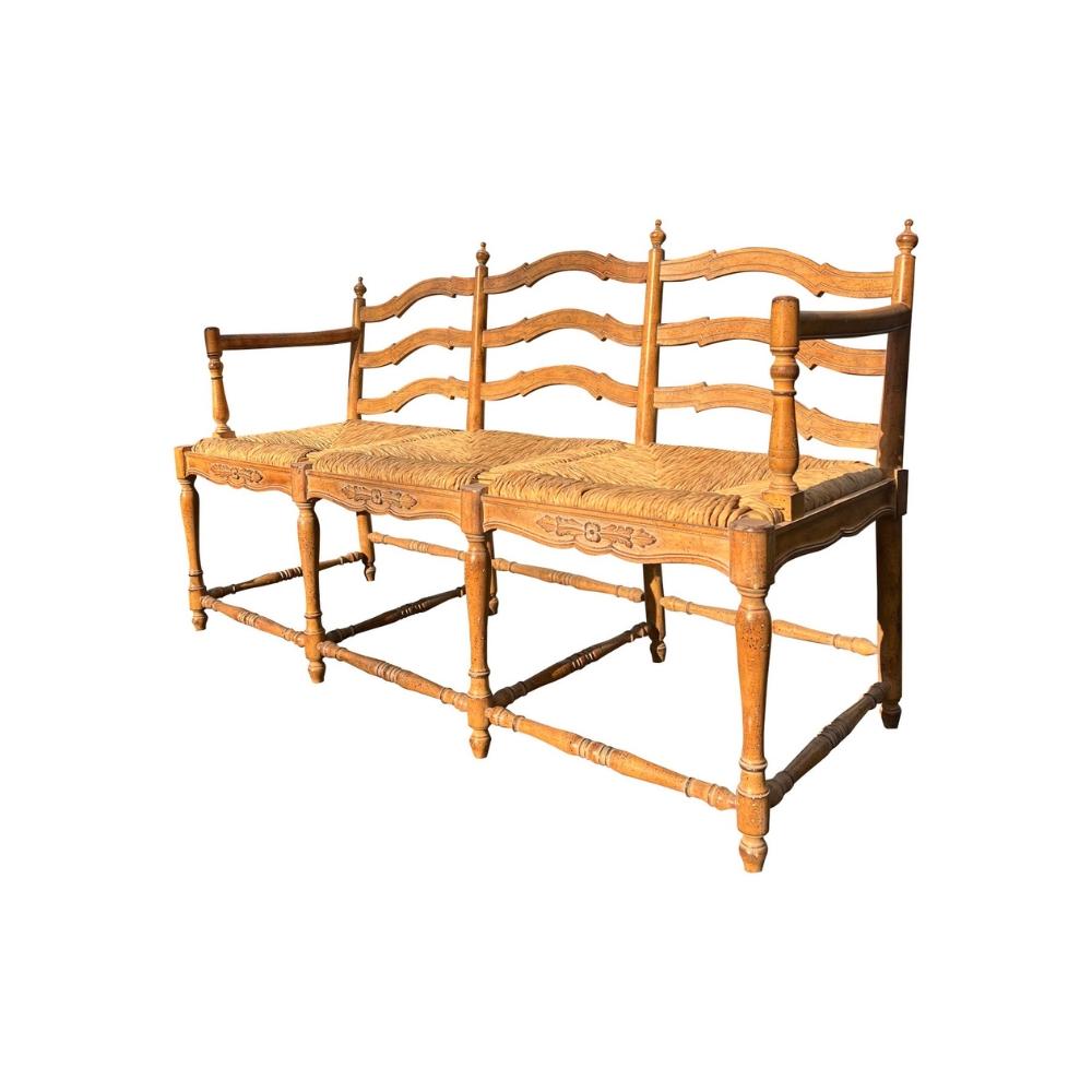 Stile provenzale Vintage French Style Pine Bench Settee With Rope Rattan Has Cushion in vendita