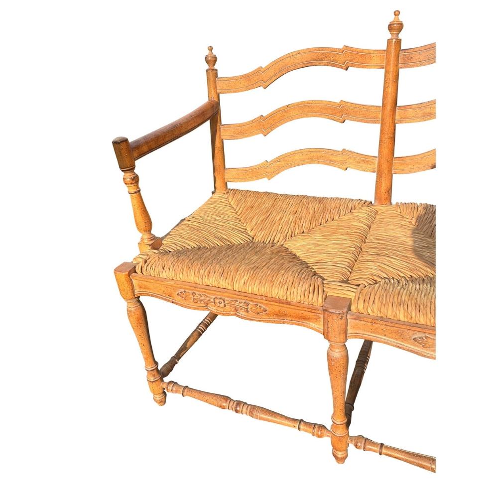 Fine XX secolo Vintage French Style Pine Bench Settee With Rope Rattan Has Cushion in vendita