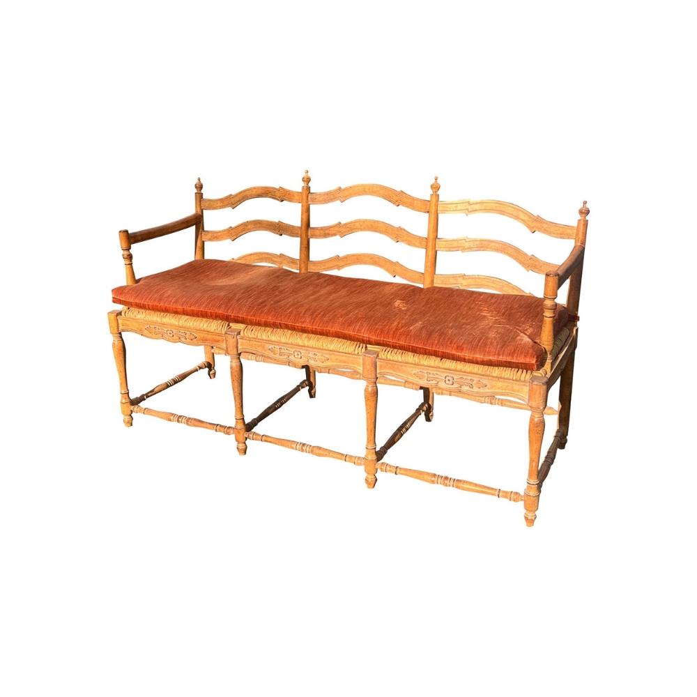 Vintage French Style Pine Bench Settee With Rope Rattan Has Cushion in vendita 2