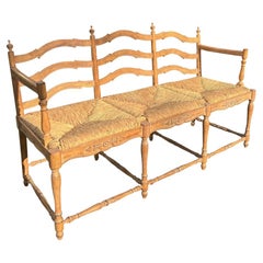 Vintage French Style Pine Bench Settee With Rope Rattan Has Cushion