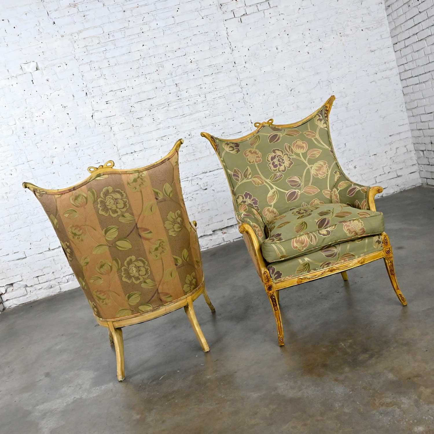 20th Century Vintage French Style Pr Distressed Painted Armchairs Neoclassical Hollywood Reg