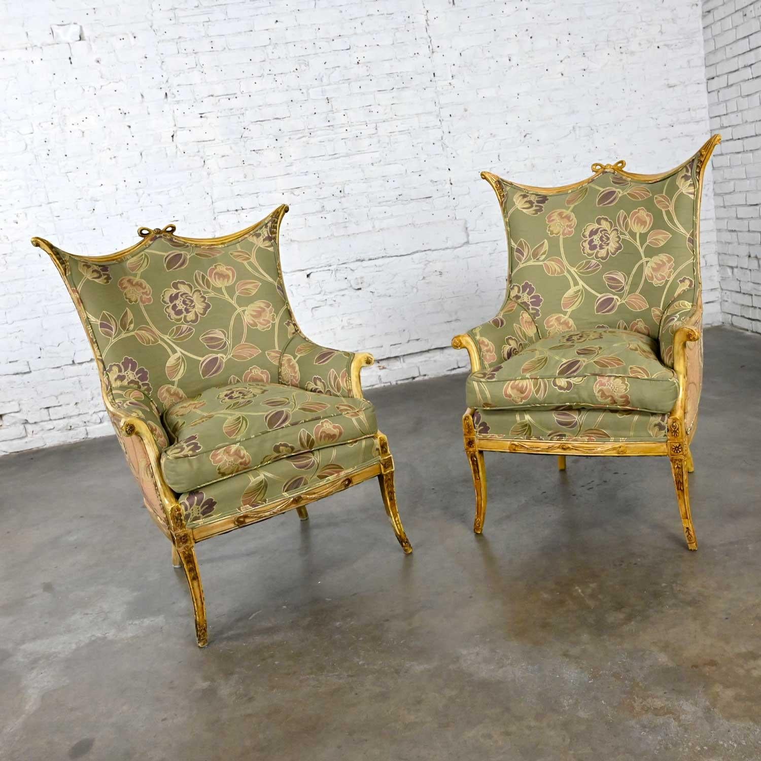 Fabric Vintage French Style Pr Distressed Painted Armchairs Neoclassical Hollywood Reg