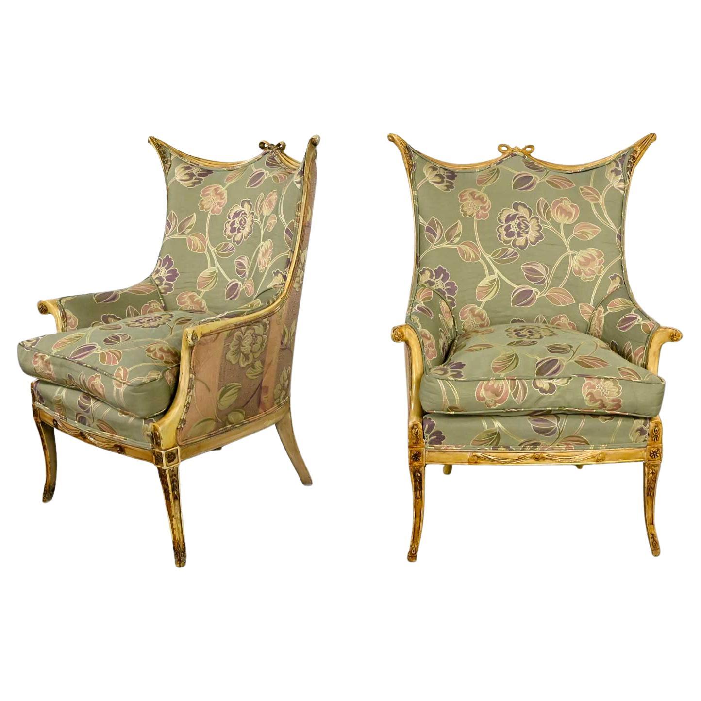 Vintage French Style Pr Distressed Painted Armchairs Neoclassical Hollywood Reg
