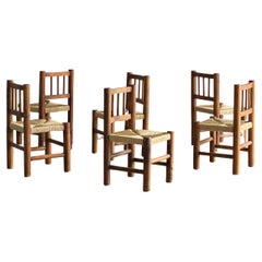 Vintage French Style Primitive Rush and Wood Dining Chairs Set of 6
