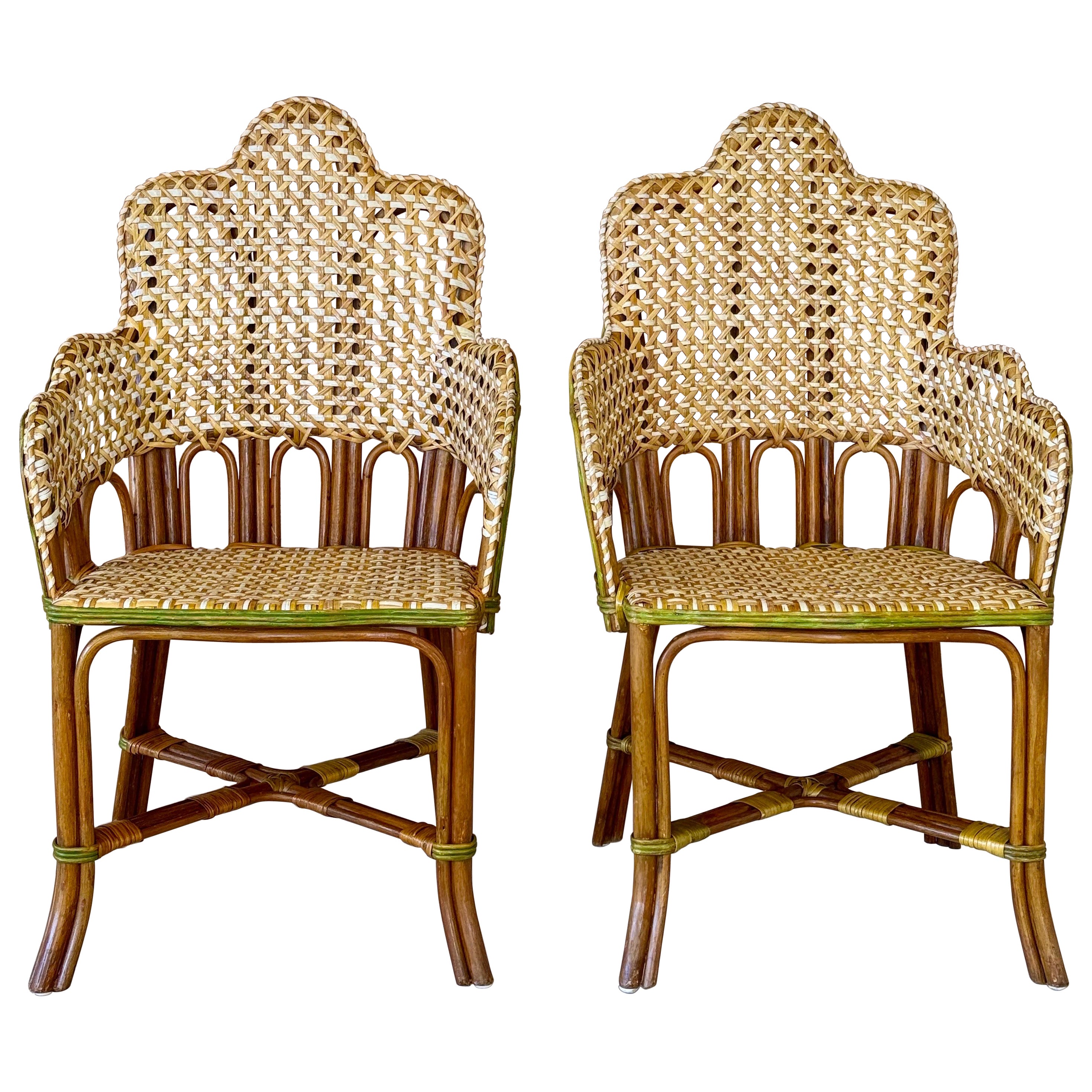 Vintage French-Style Rattan Bistro Side Arm Chairs With Handwoven Cane – Pair in vendita