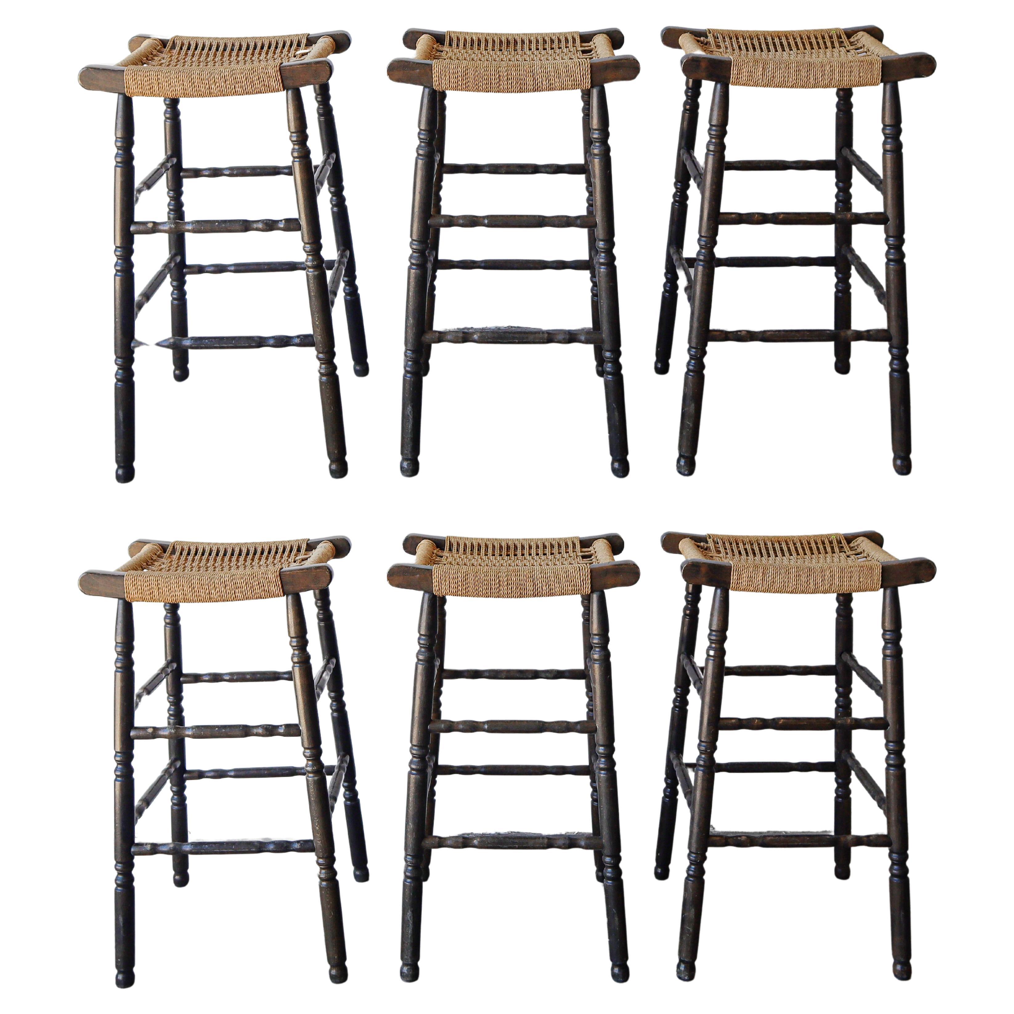 Vintage French Style Rush Seat Barstools - Set of 6