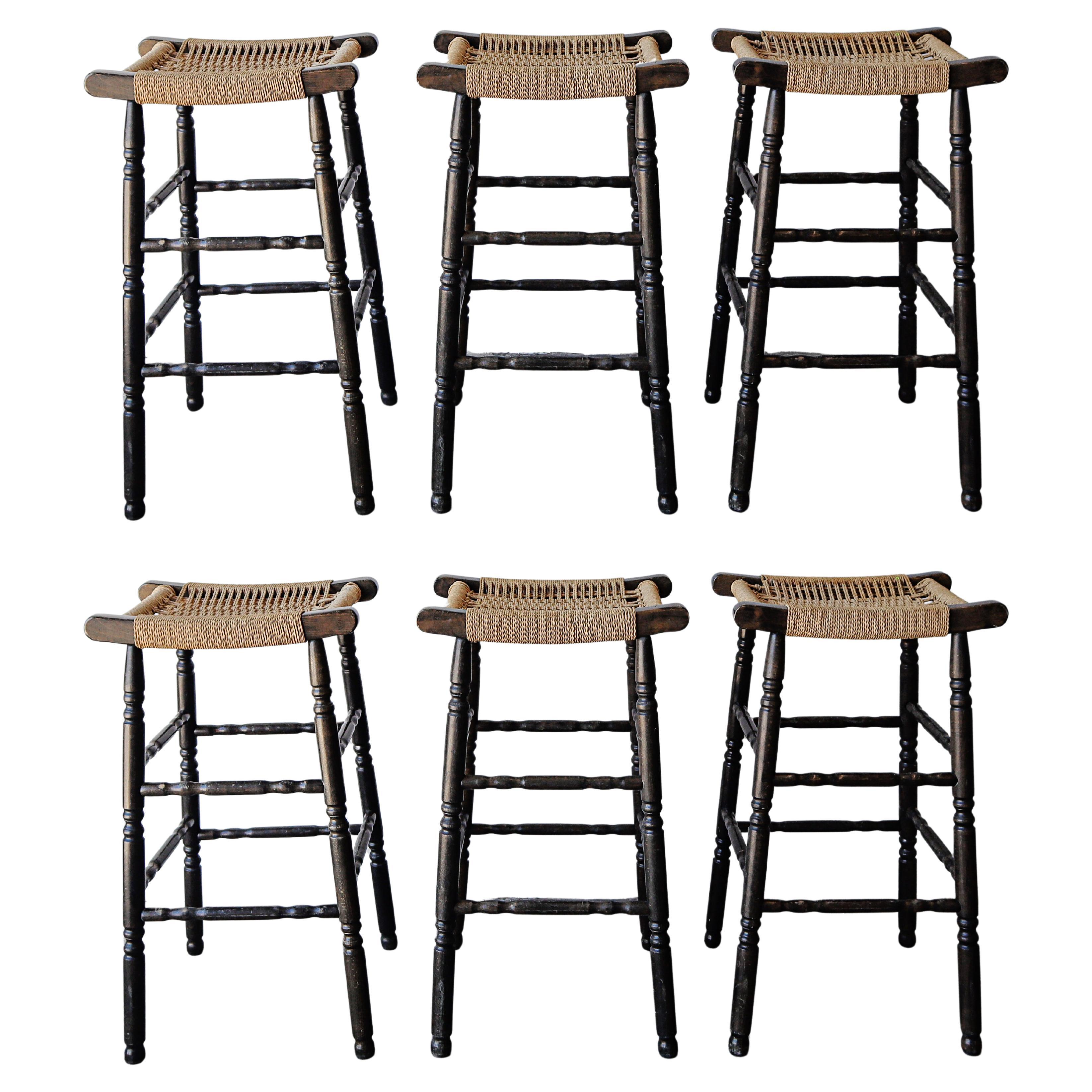 Vintage French Style Rush Seat Barstools - Set of 6 For Sale